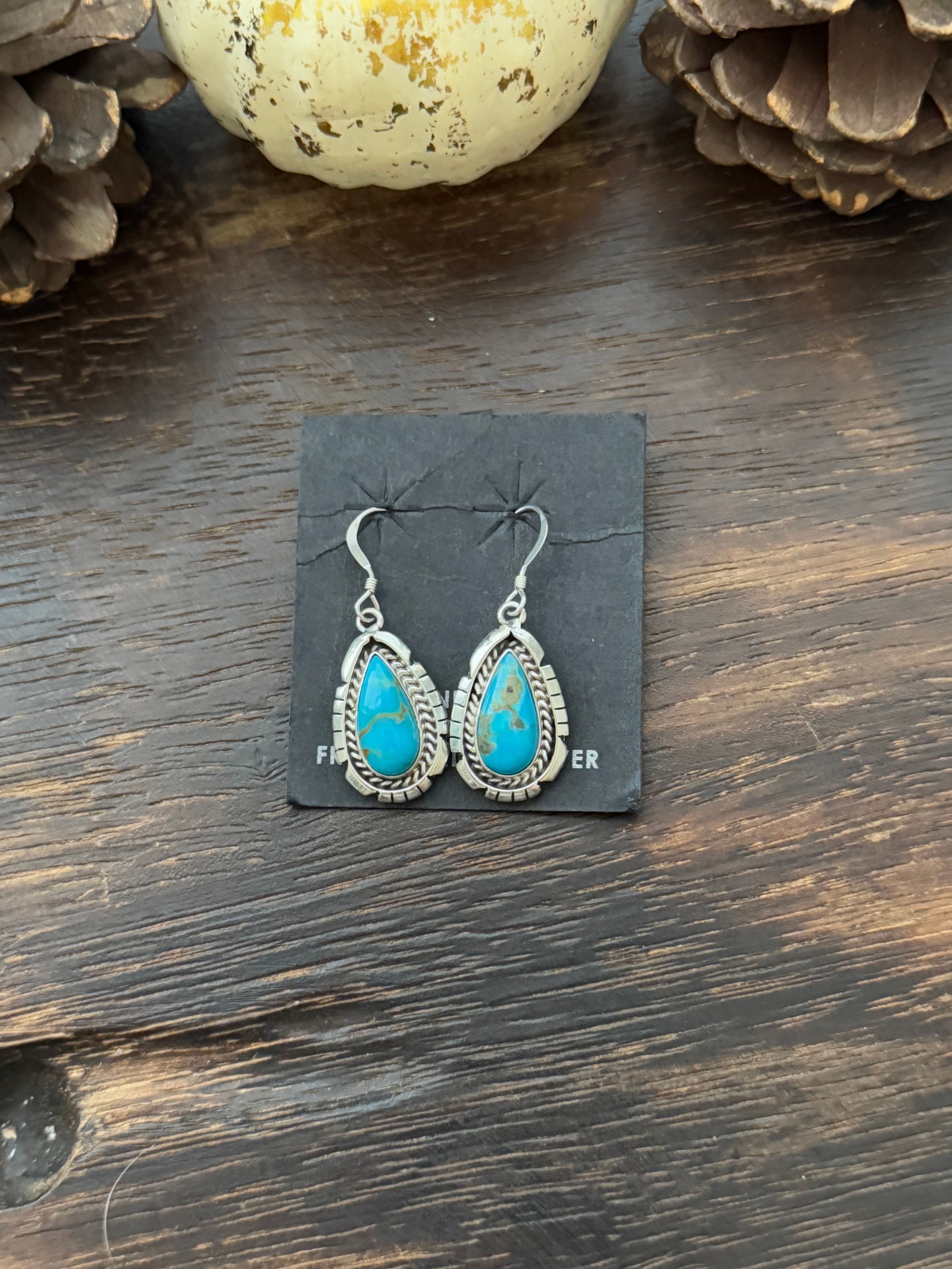 Navajo Made Kingman Turquoise & Sterling Silver Dangle Earrings