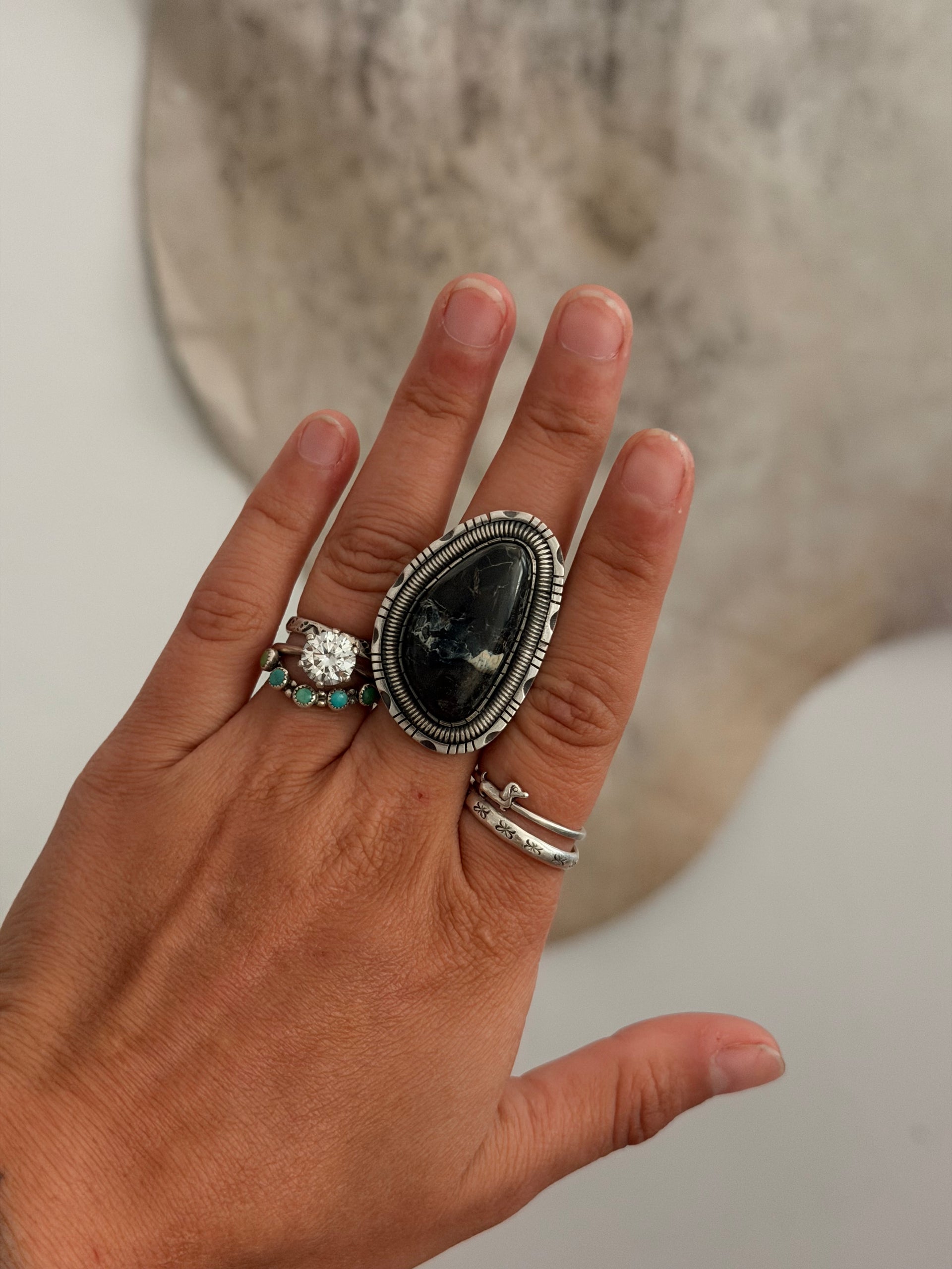 Walker Vandever Black Jack Turquoise & Sterling Silver Ring Size 8