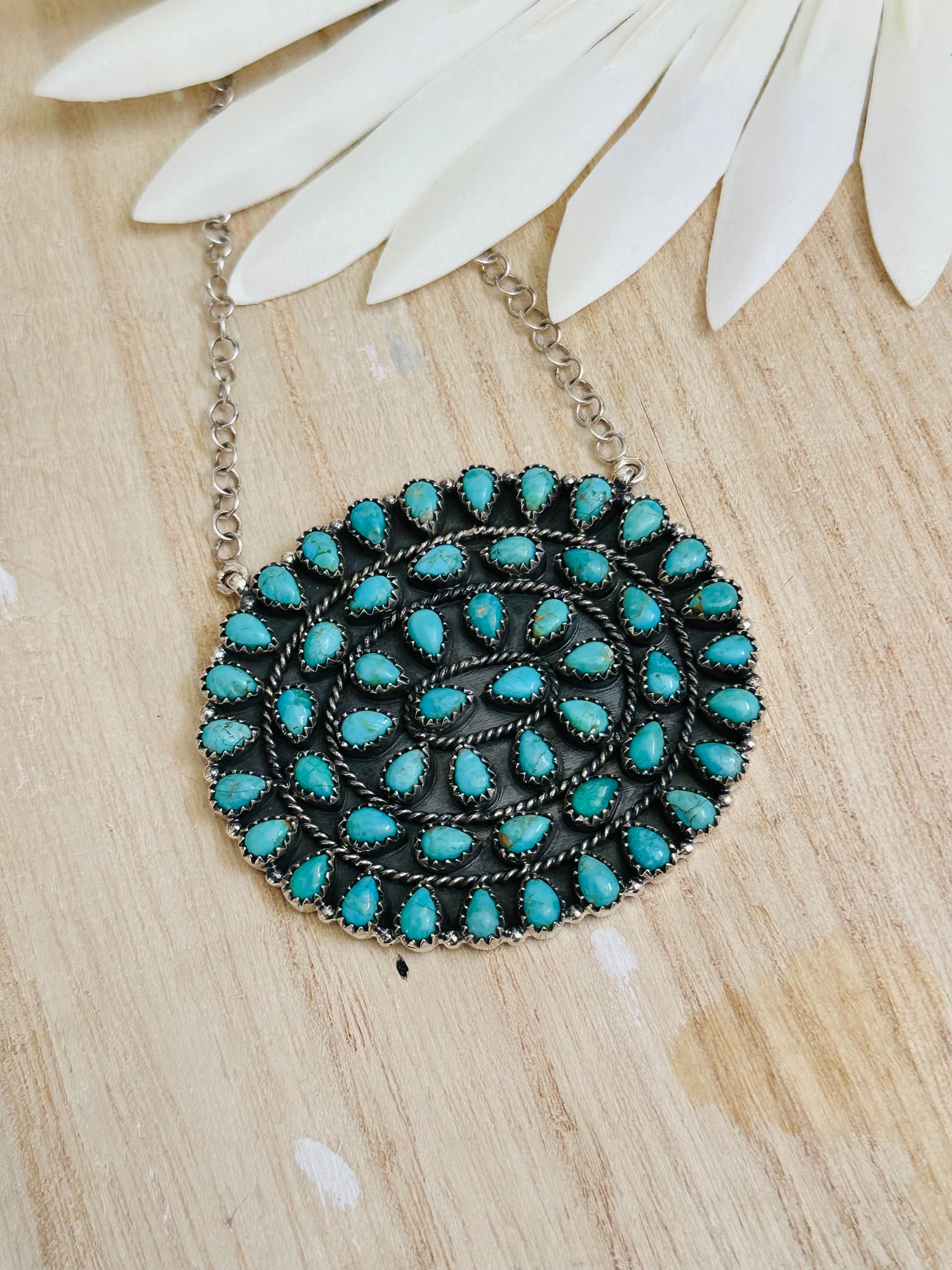 Southwest Handmade Kingman Turquoise & Sterling Silver Cluster Necklace