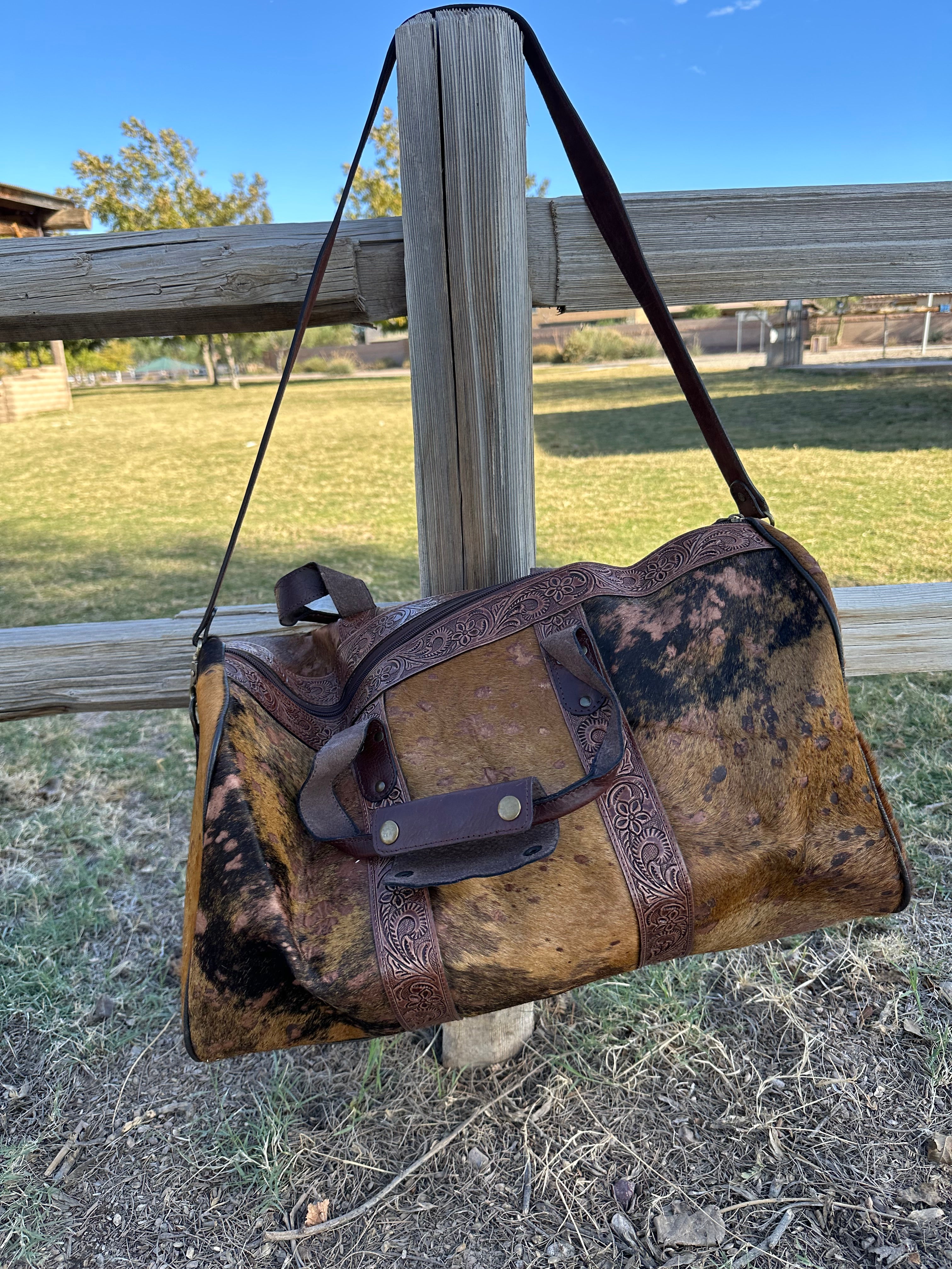 Genuine Tooled Leather Cowhide Duffle Bag