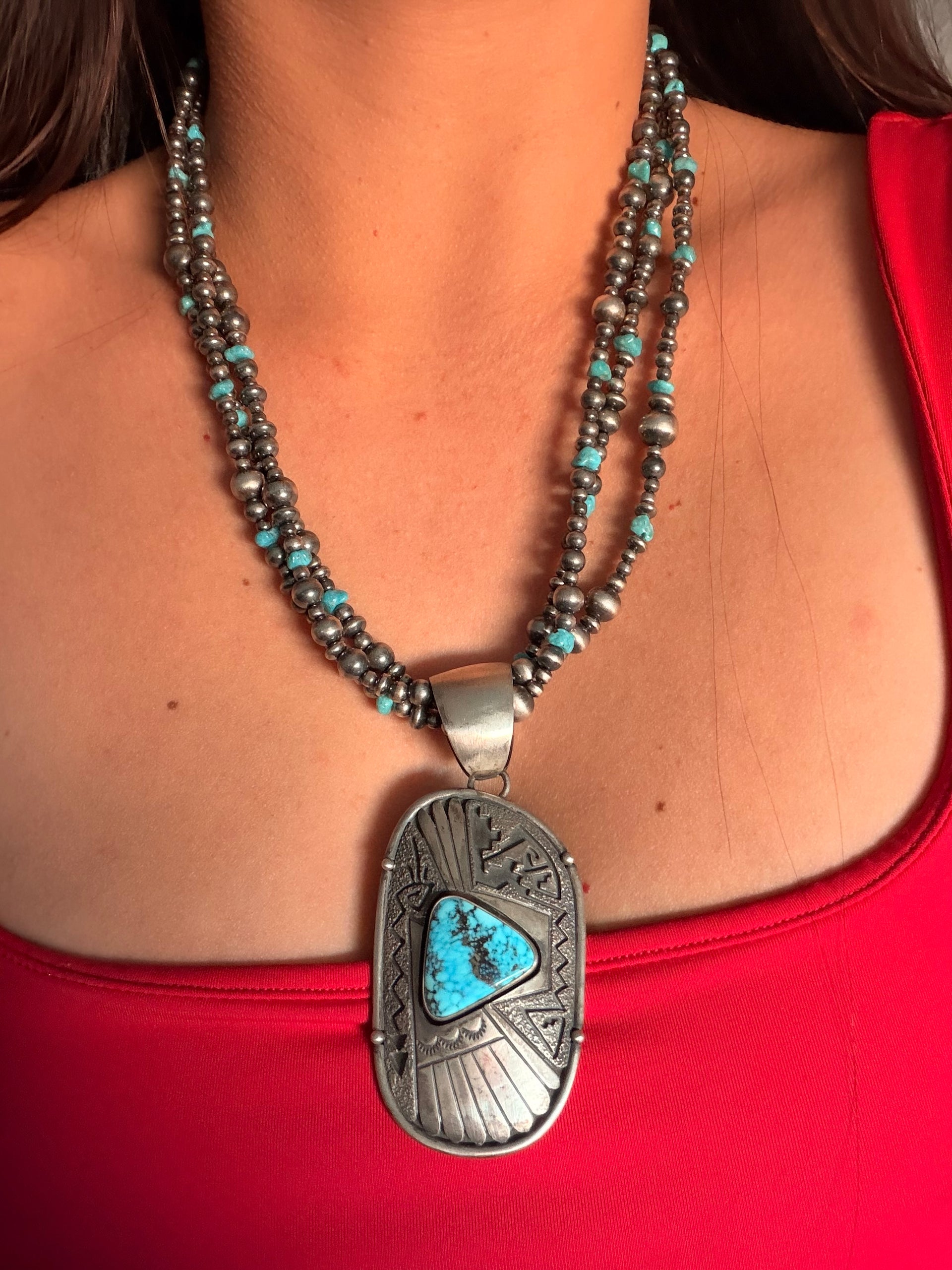Mathilda Bennally Kingman Turquoise & Sterling Silver Pearl Pendant/Necklace