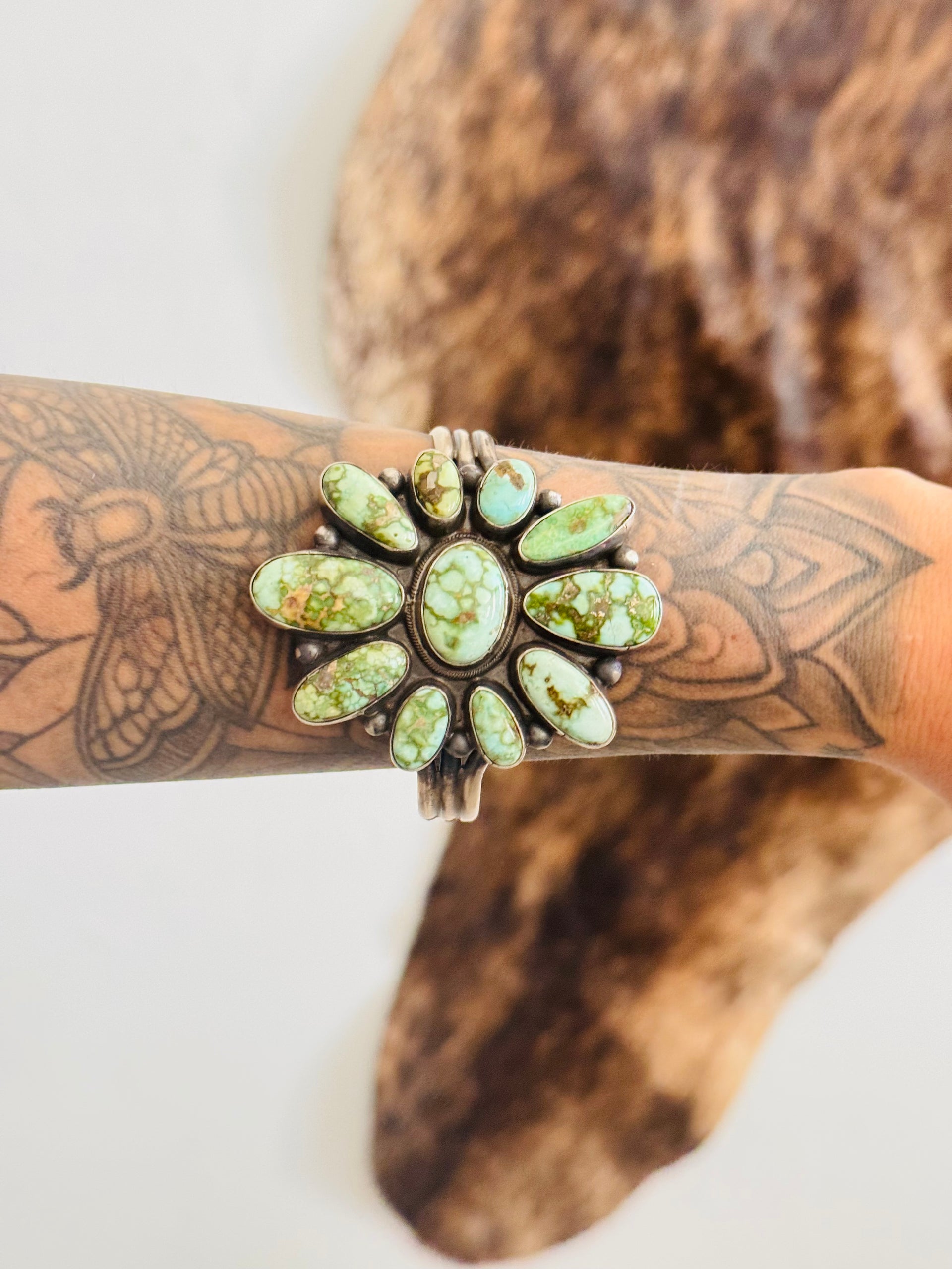 Bobby Johnson Sonoran Gold Turquoise & Sterling Silver Cluster Cuff Bracelet