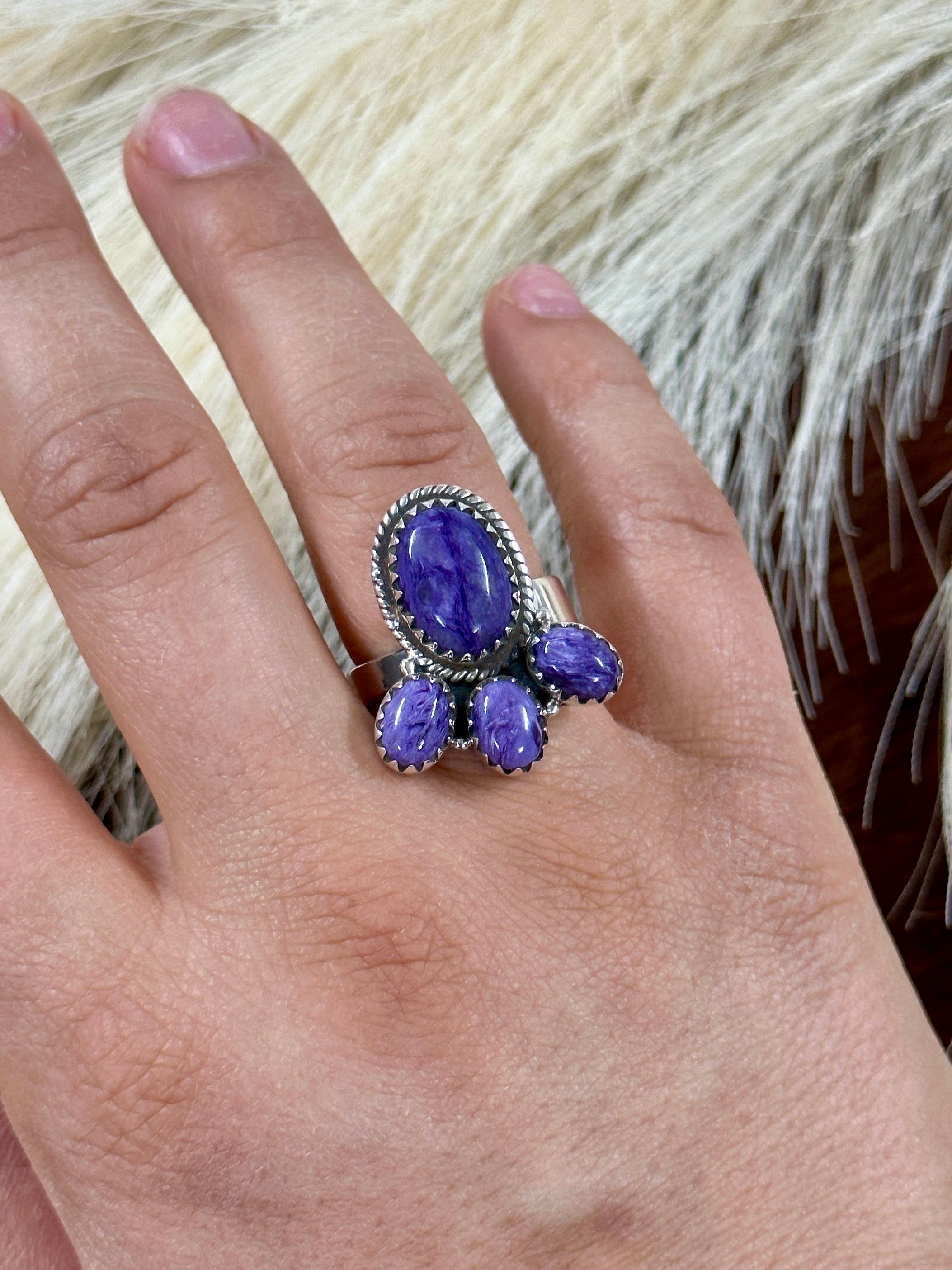 Southwest Handmade Charoite & Sterling Silver Adjustable Cluster Ring