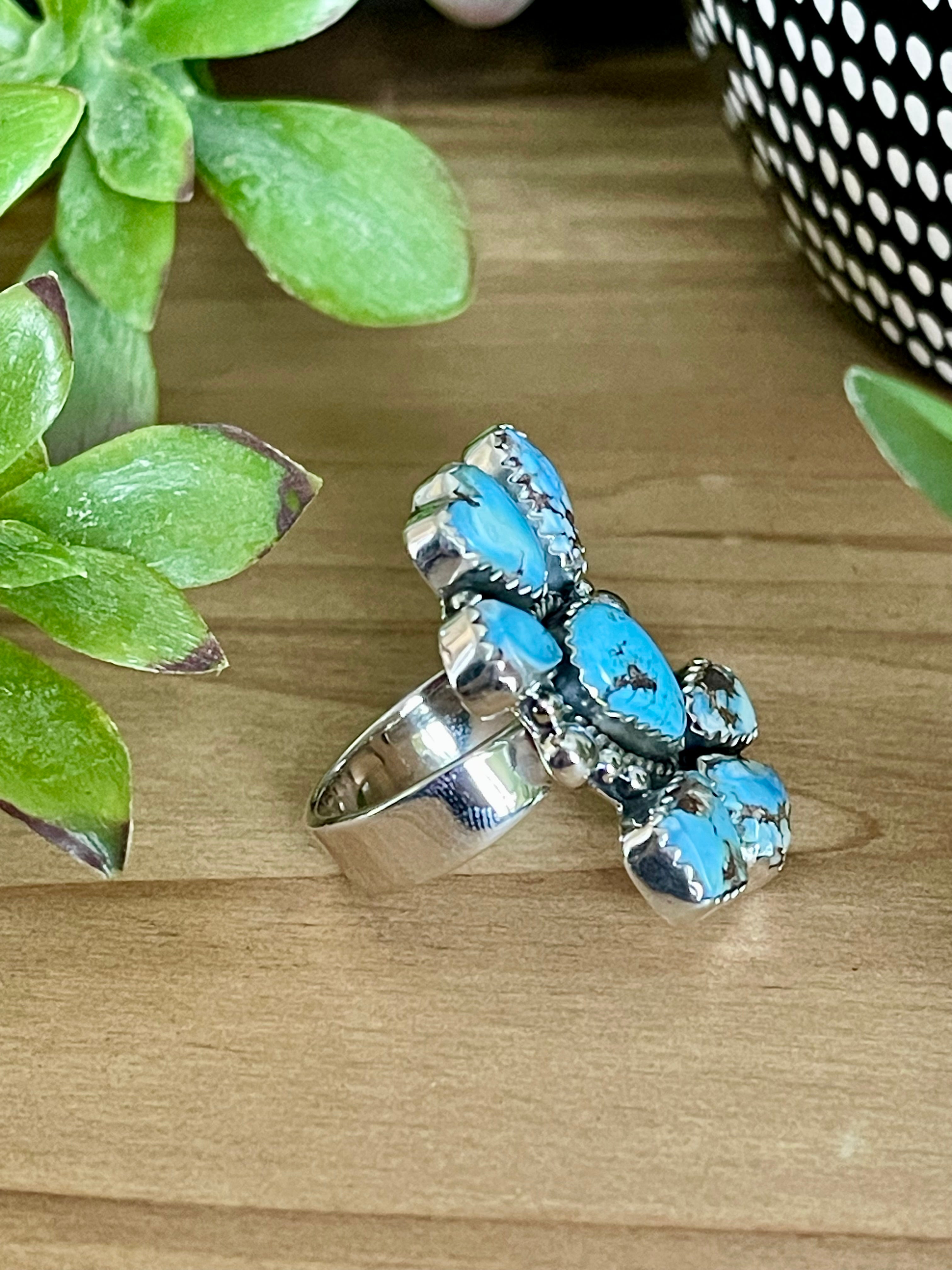 Southwest Handmade Golden Hills Turquoise & Sterling Silver Adjustable Cluster Ring