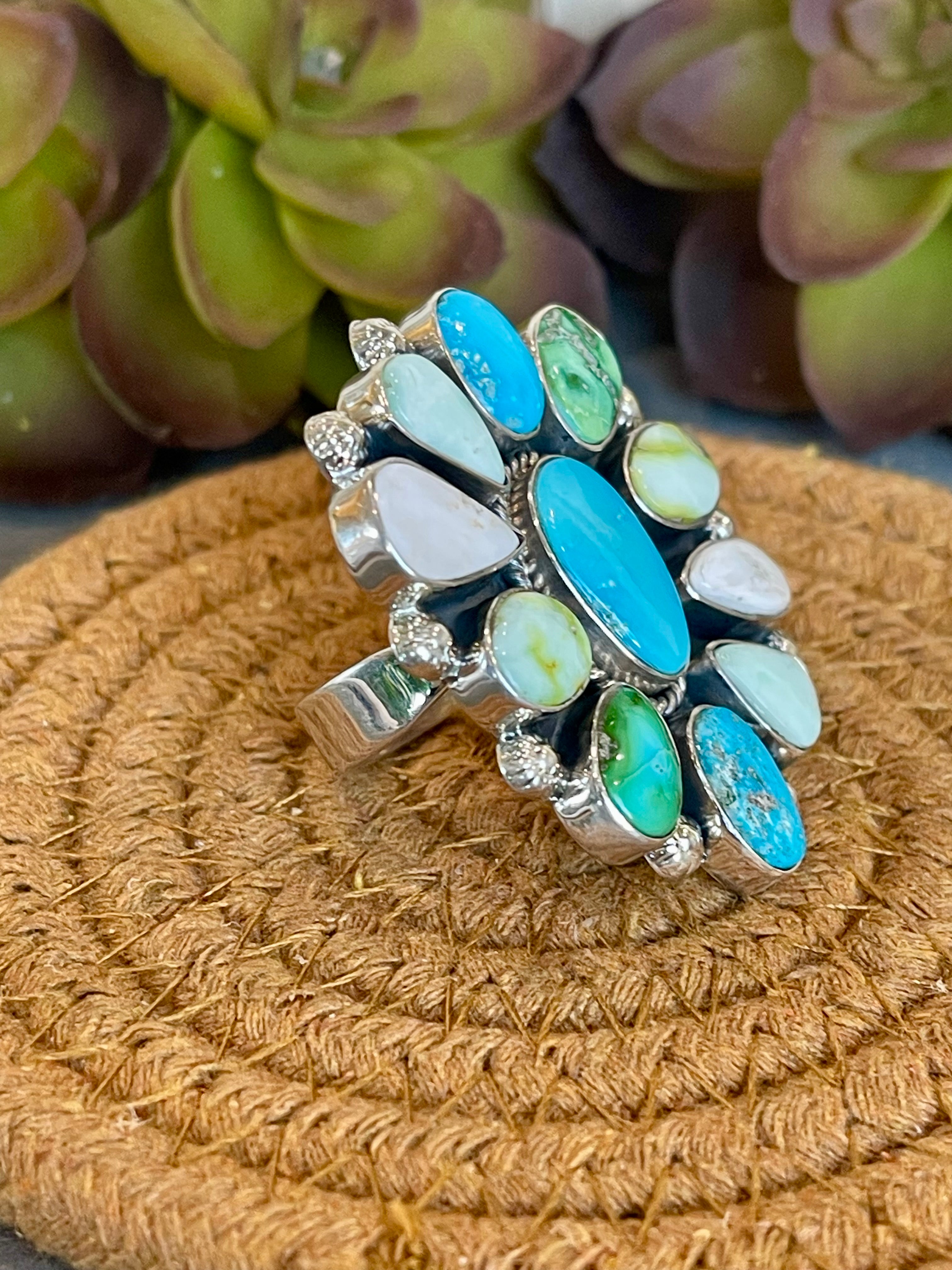 Southwest Handmade Multi Stone & Sterling Silver Adjustable Ring