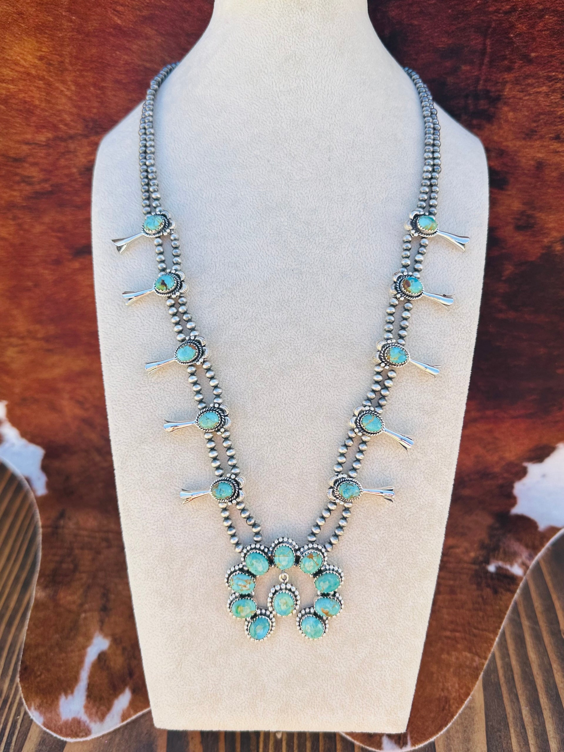 Southwest Handmade Kingman Turquoise & Sterling Silver Squash Blossom