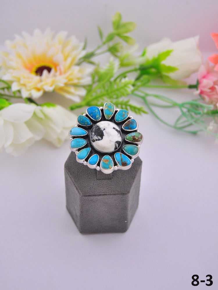 Southwest Made Multi Stone & Sterling Sliver Cluster Adjustable Ring