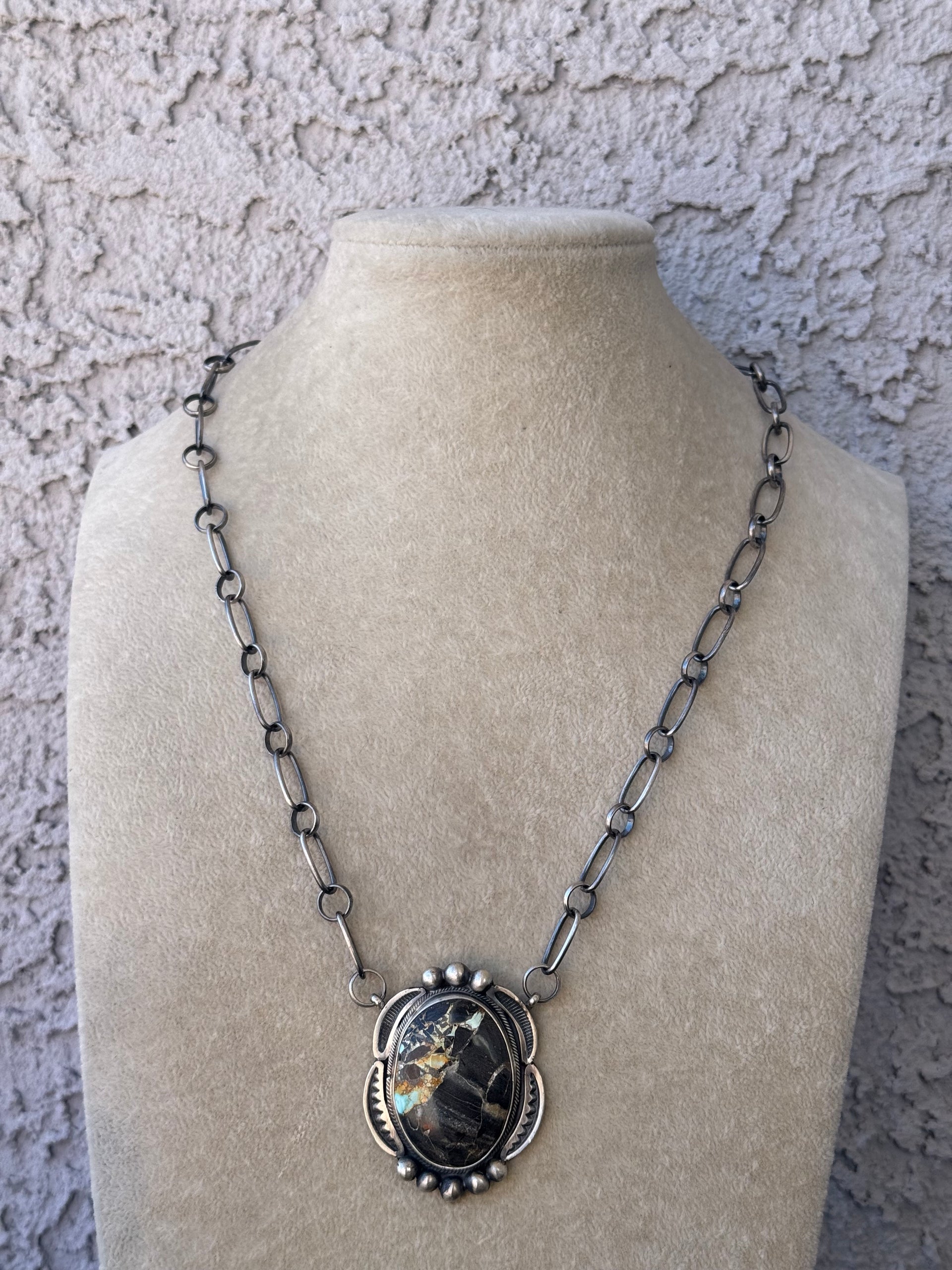 Navajo Made Black Jack Turquoise & Sterling Silver Necklace