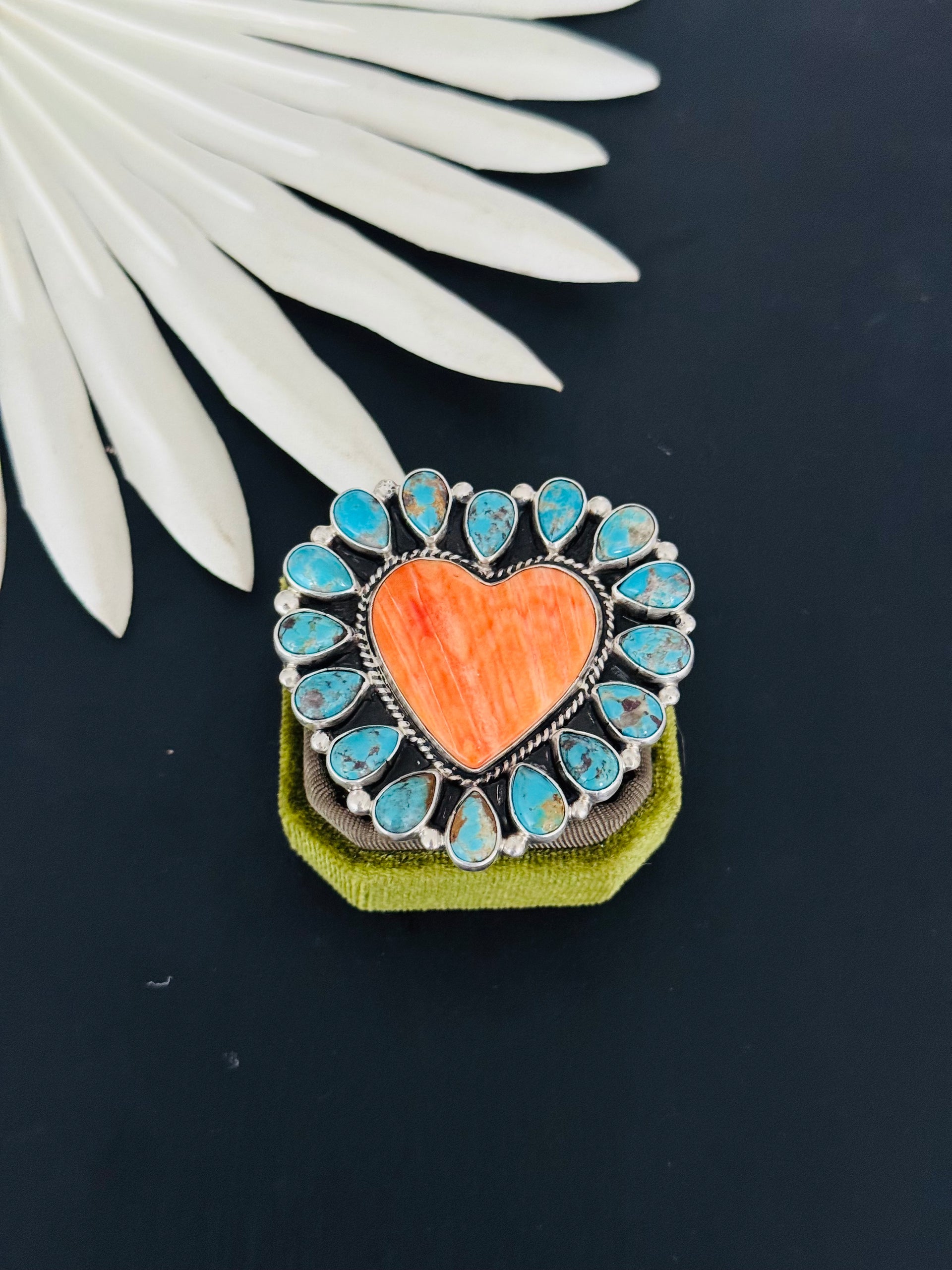 Navajo Made Multi Stone & Sterling Silver Adjustable Heart Cluster Ring