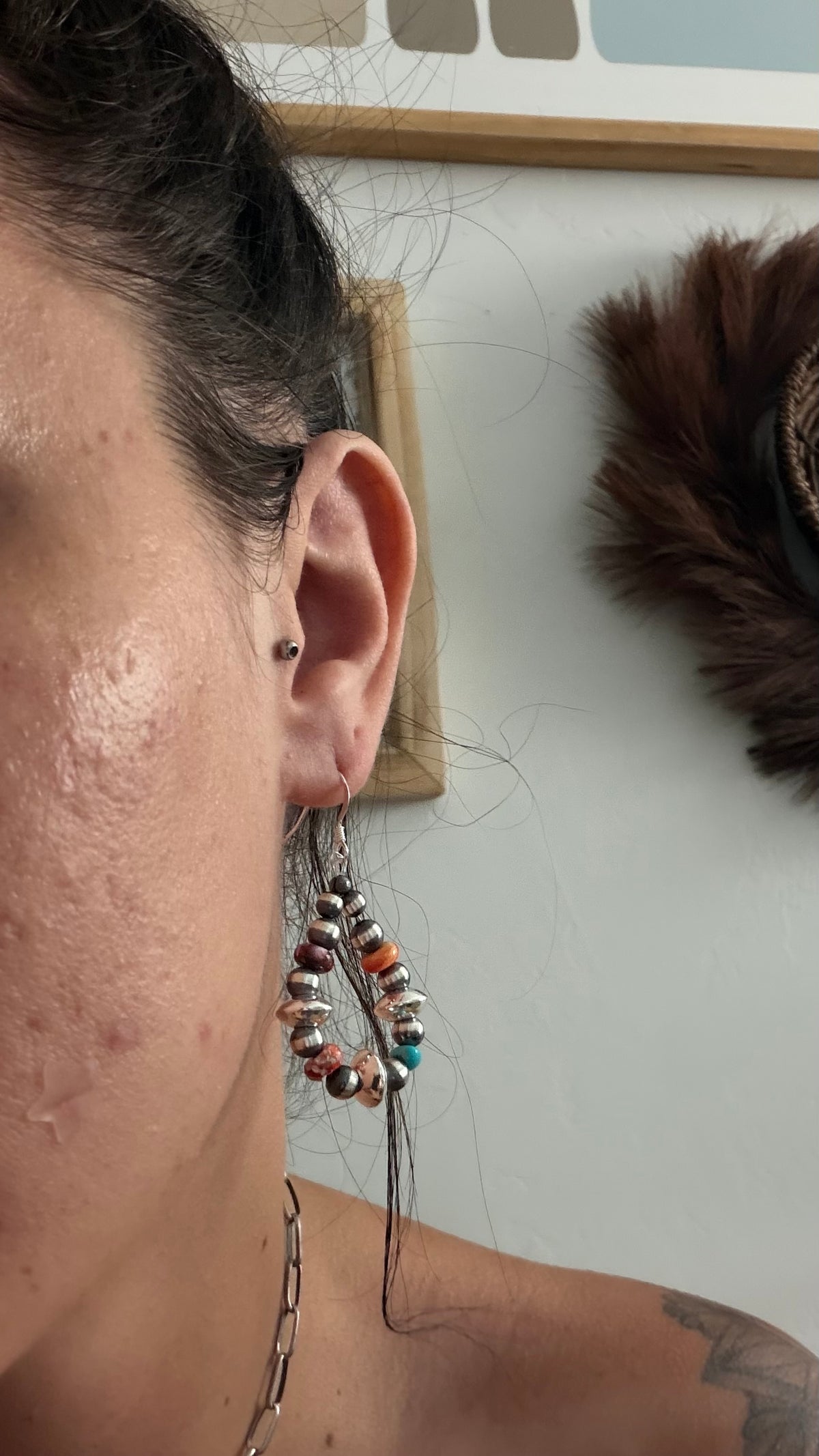 Navajo Made Multi Stone & Sterling Silver Dangle Beaded Earrings