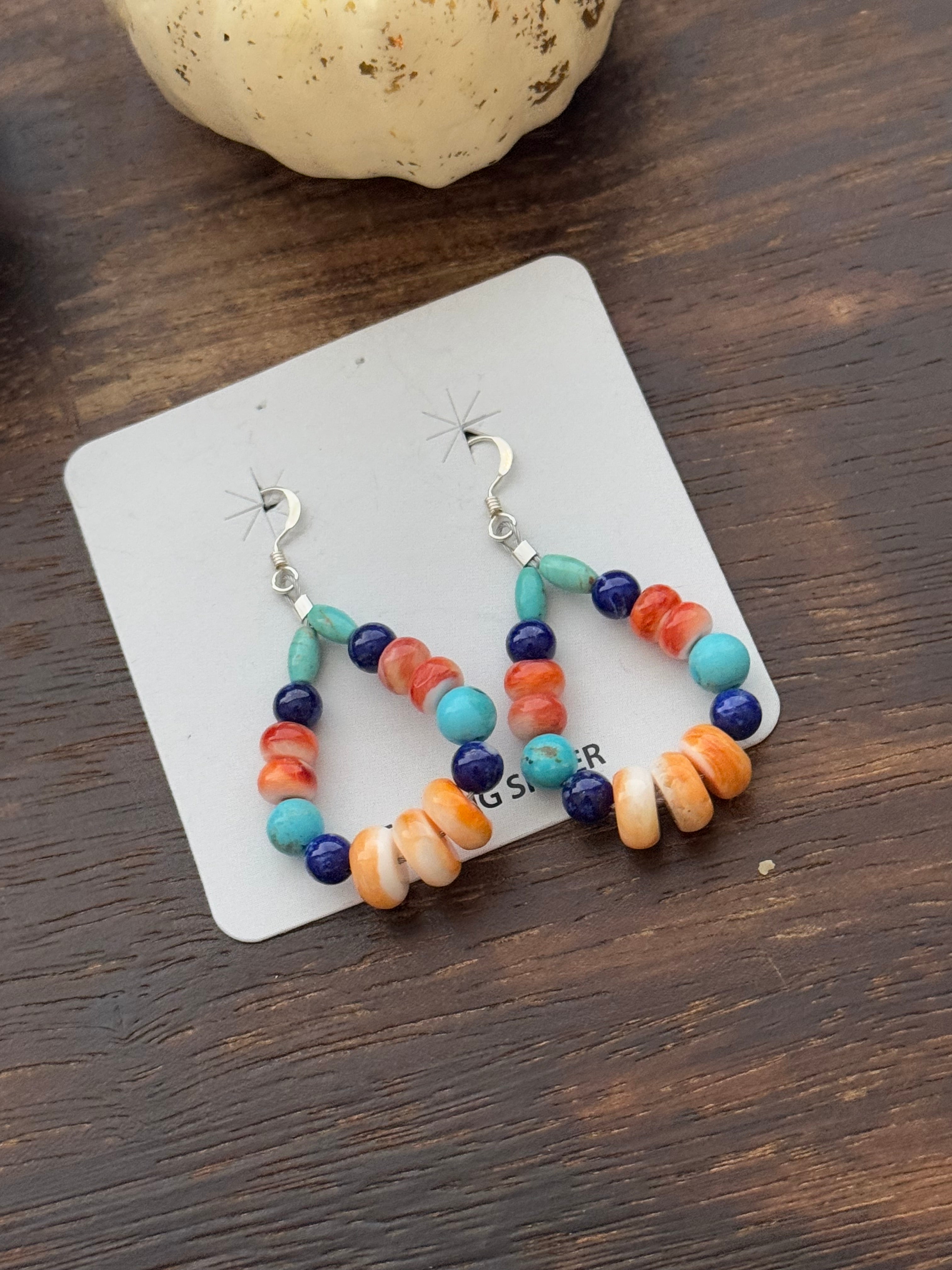 Navajo Made Multi Stone & Sterling Silver Beaded Dangle Earrings