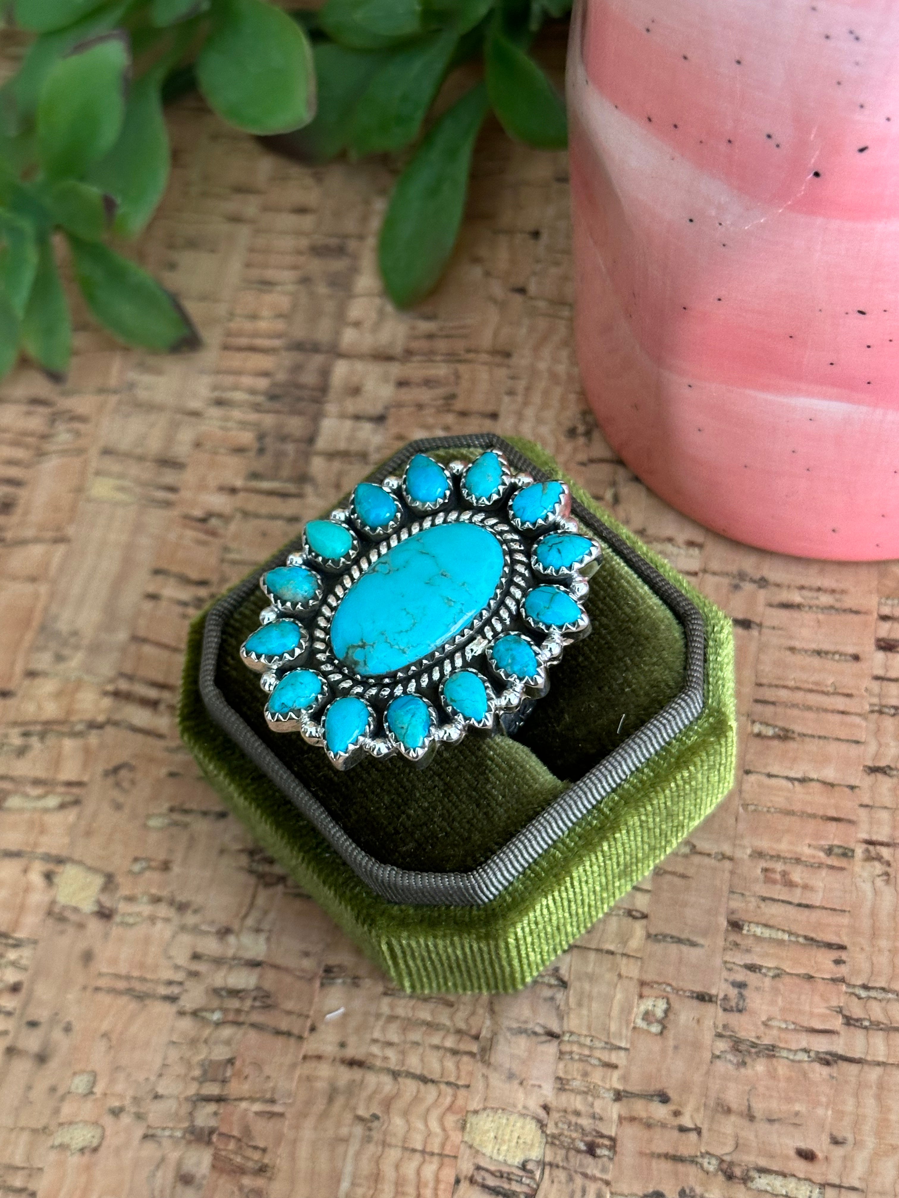 Southwest Handmade Kingman Turquoise & Sterling Silver Adjustable Cluster Ring