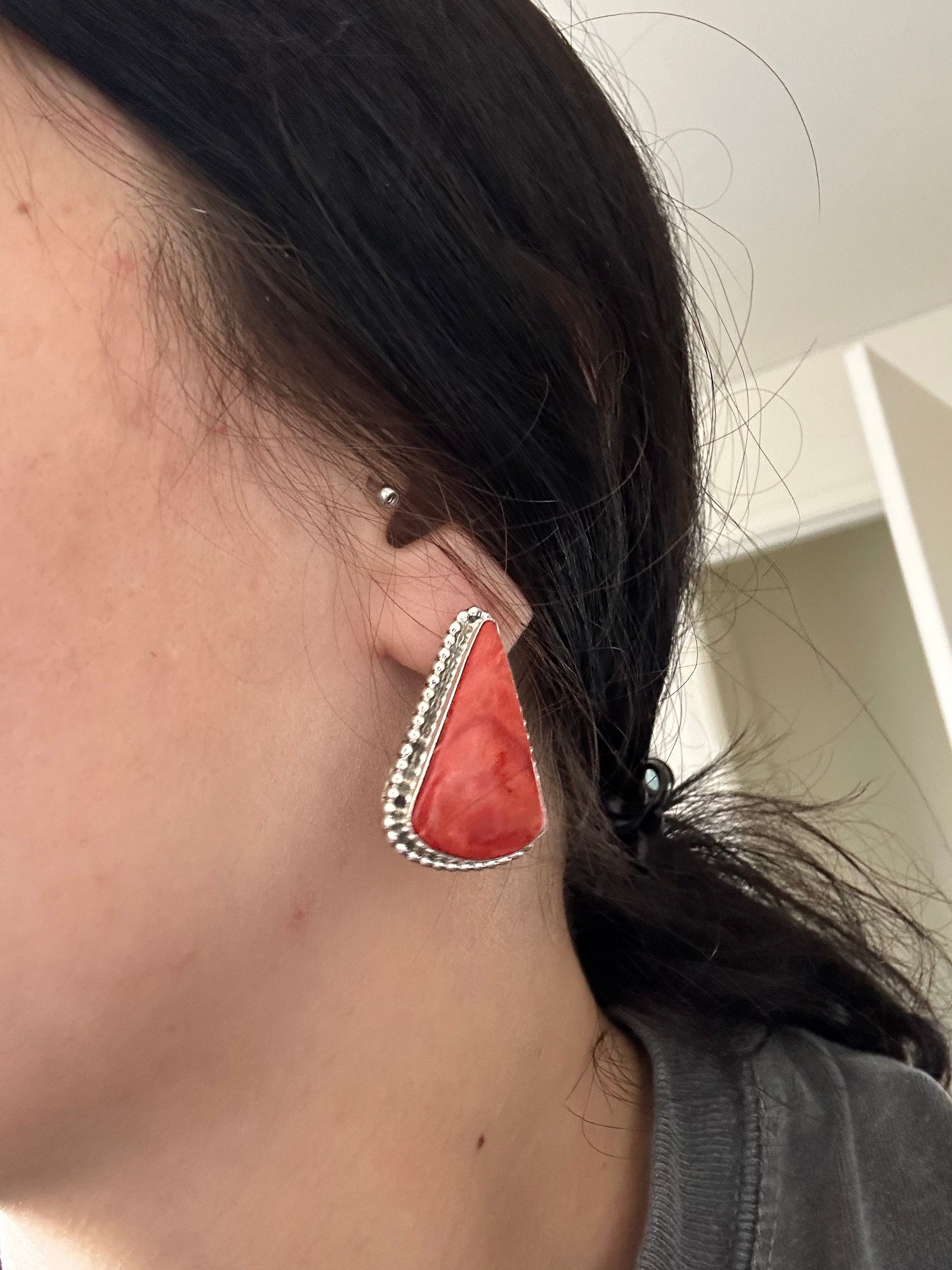 Navajo Made Red Spiny Oyster & Sterling Silver Post Earrings