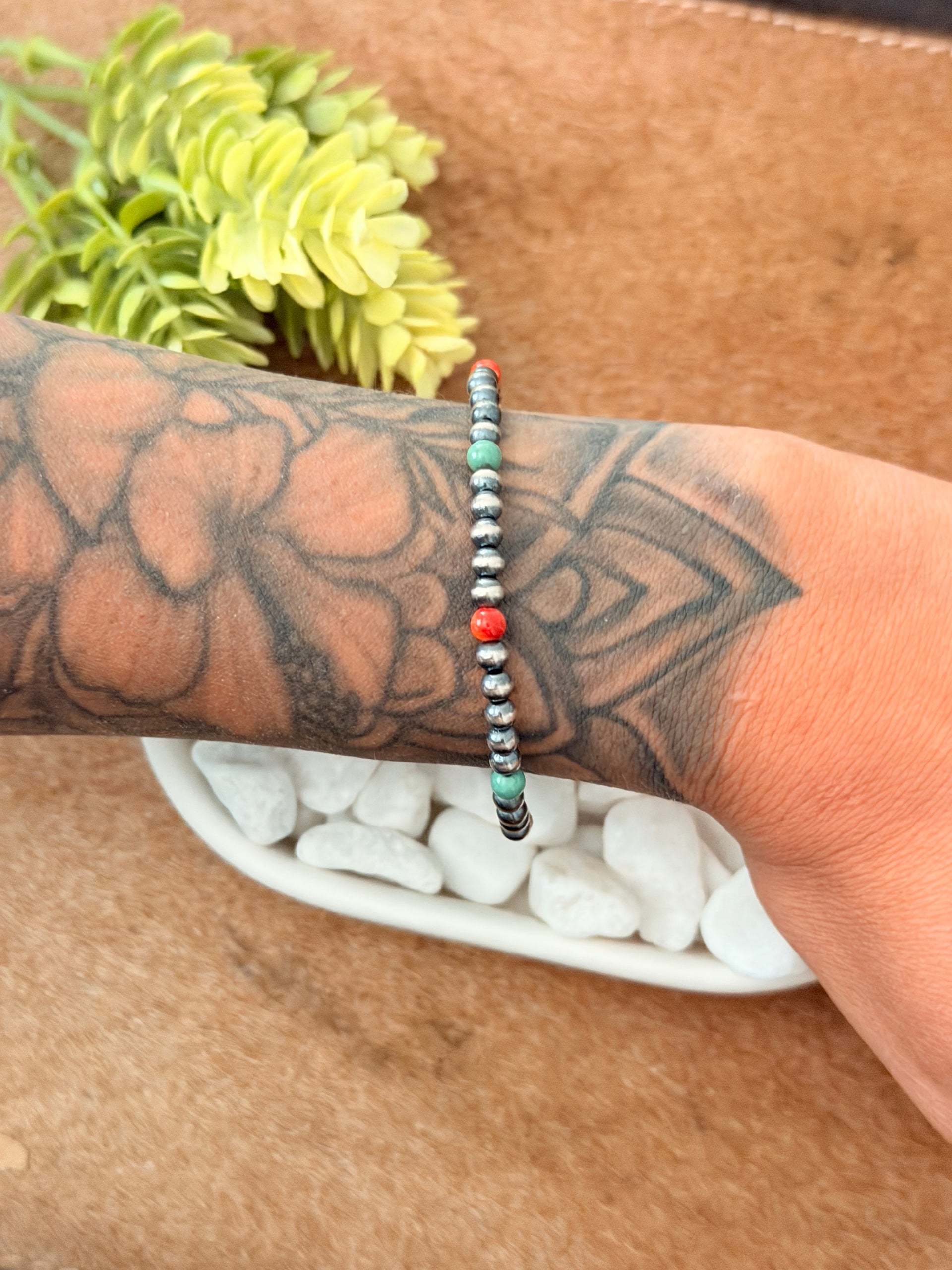Navajo Strung Multi Stone & Sterling Silver Stretch Beaded Bracelet