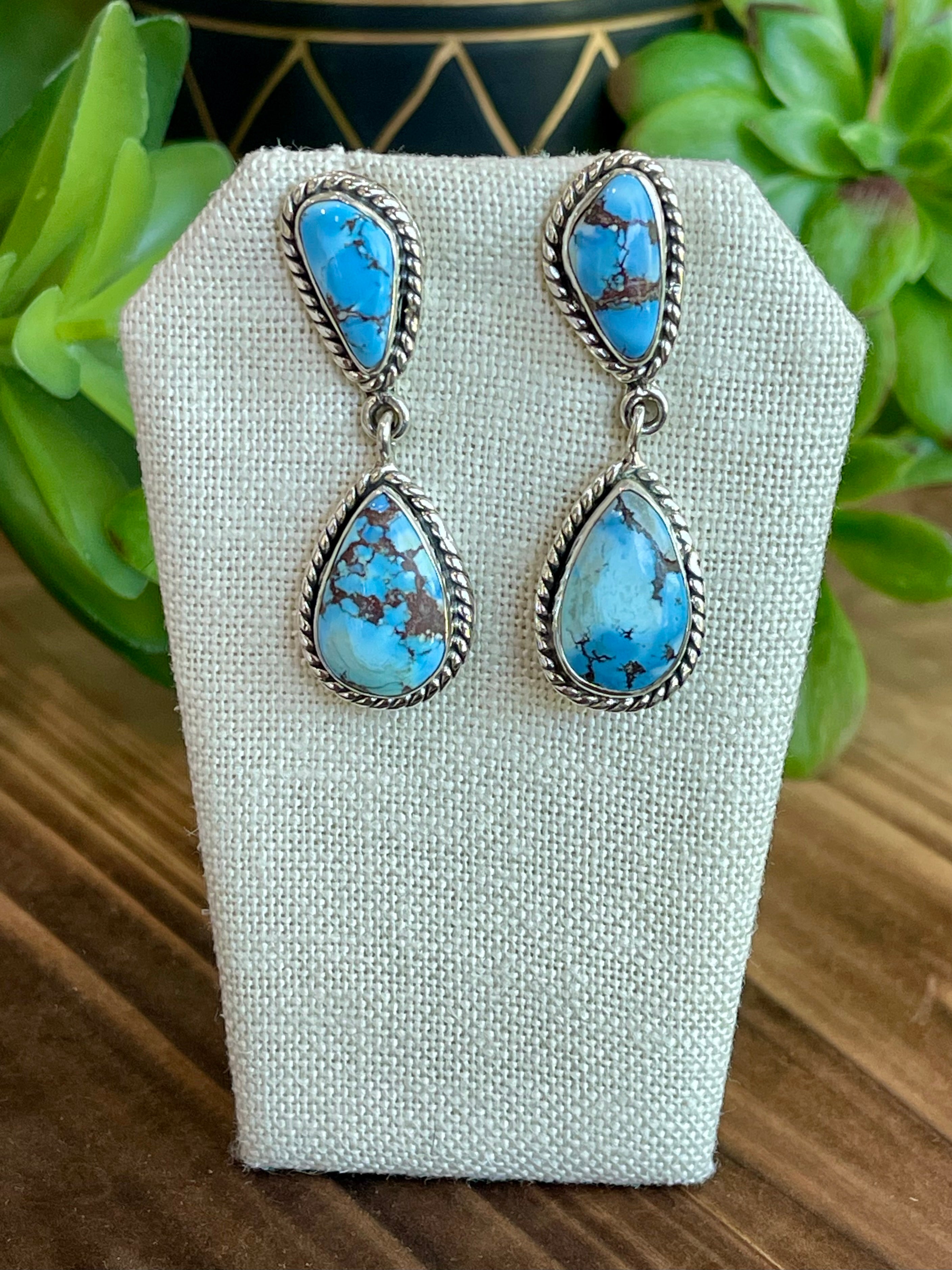 Southwest Handmade Golden Hills Turquoise & Sterling Silver Post Dangle Earrings