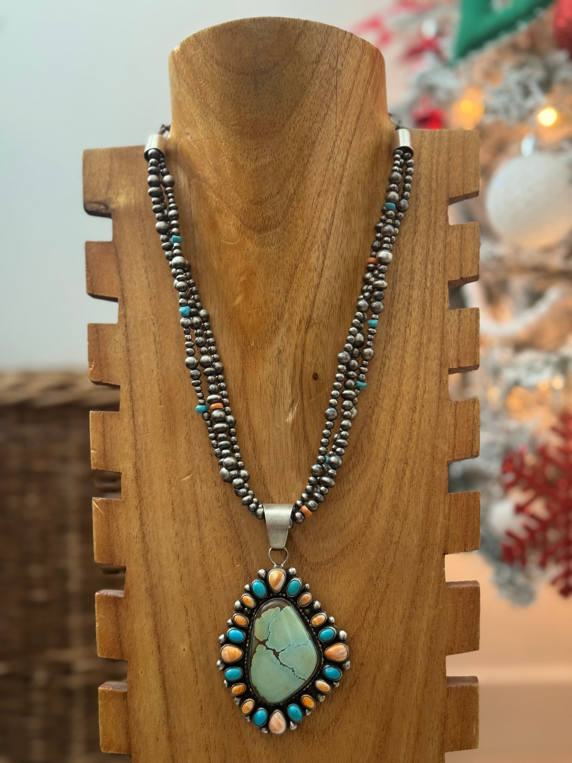 Navajo Made Multi Stone & Sterling Silver Pearl Cluster Necklace