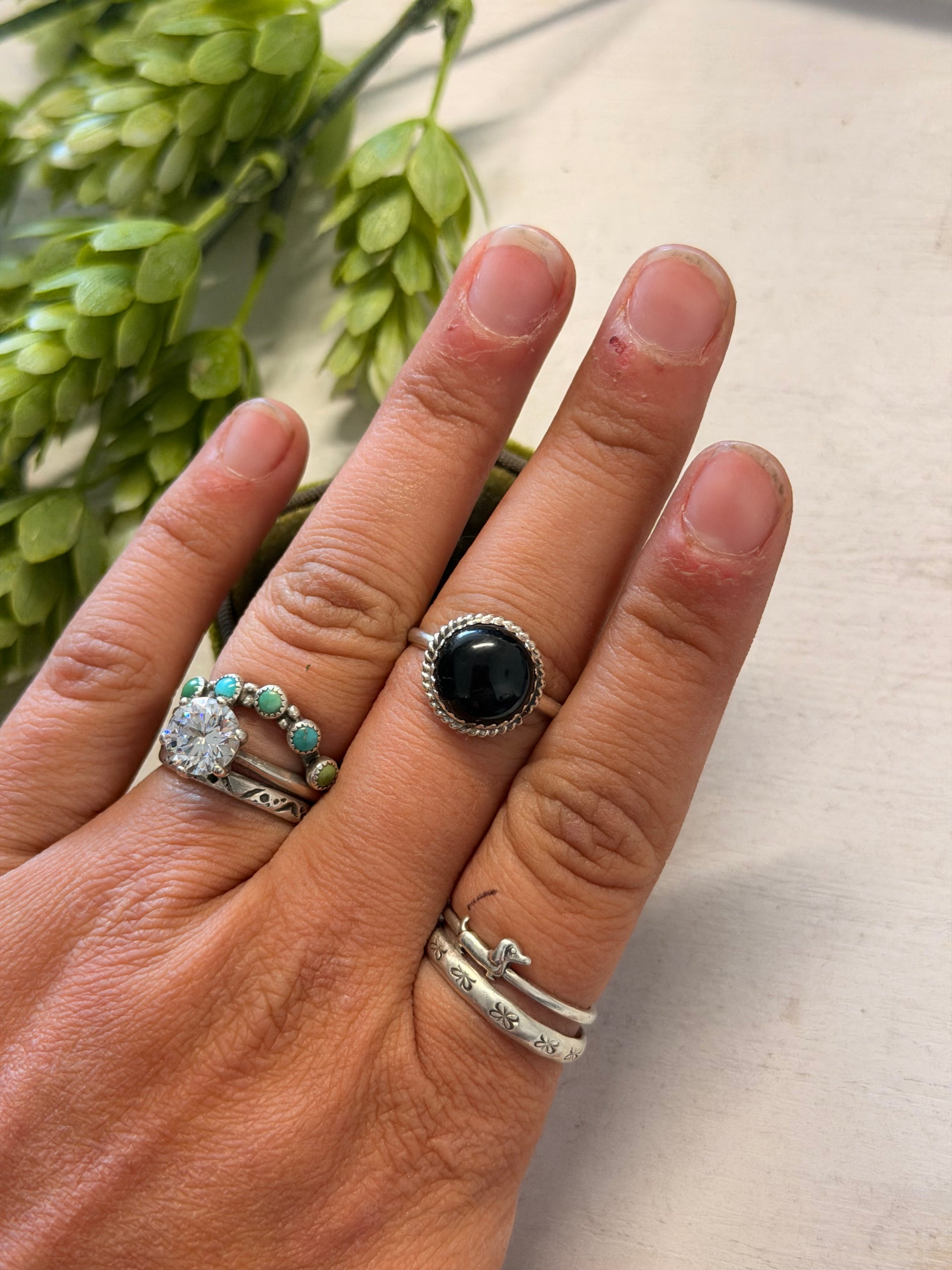 Navajo Made Onyx & Sterling Silver Ring Size 7.5
