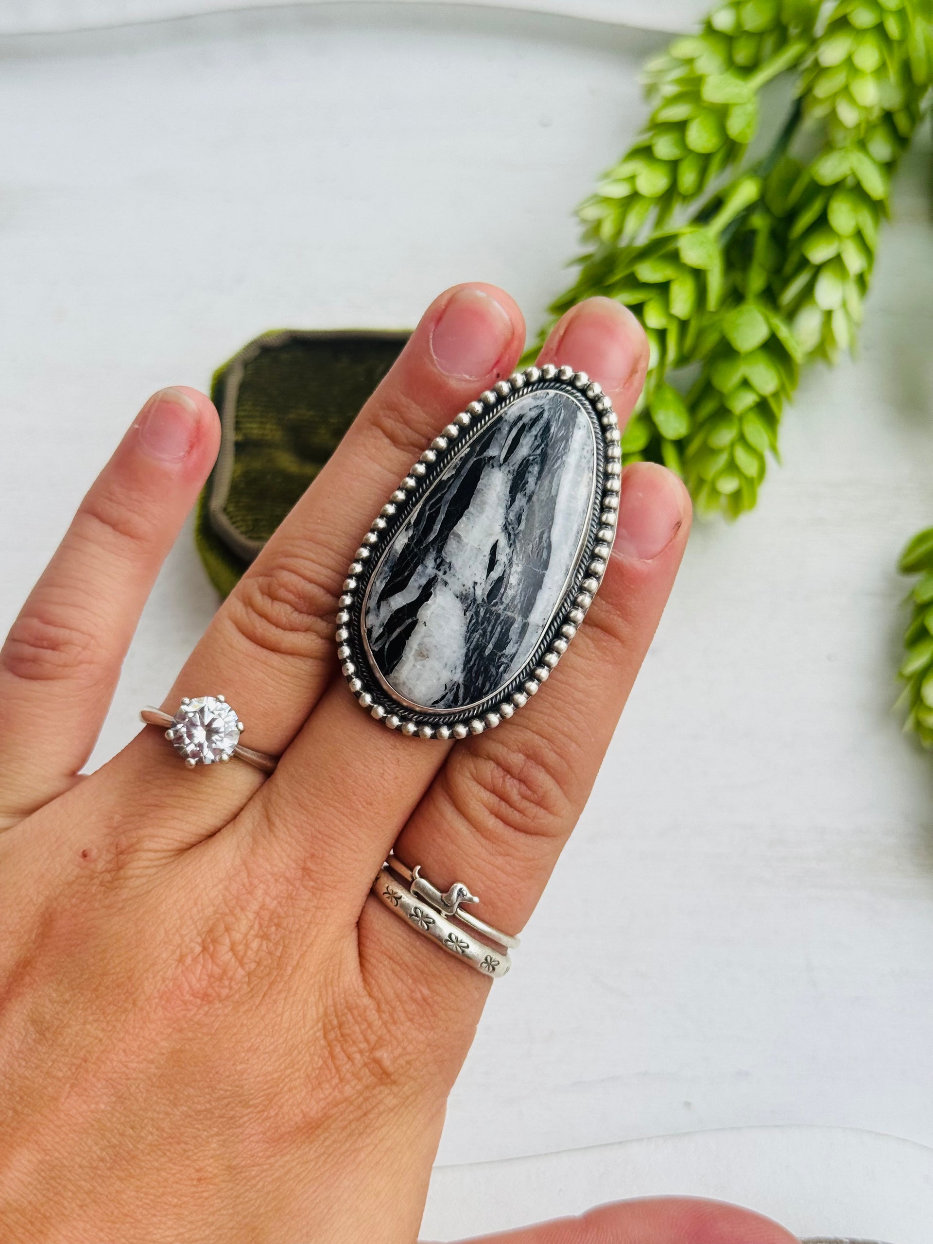 Navajo Made White Buffalo & Sterling Silver Adjustable Ring