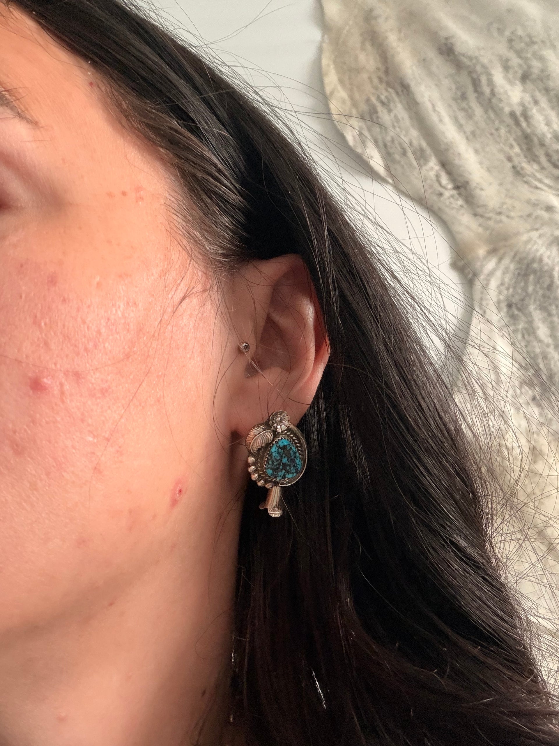 Donovan Nez Kingman Turquoise & Sterling Silver Post Dangle Blossom Earrings