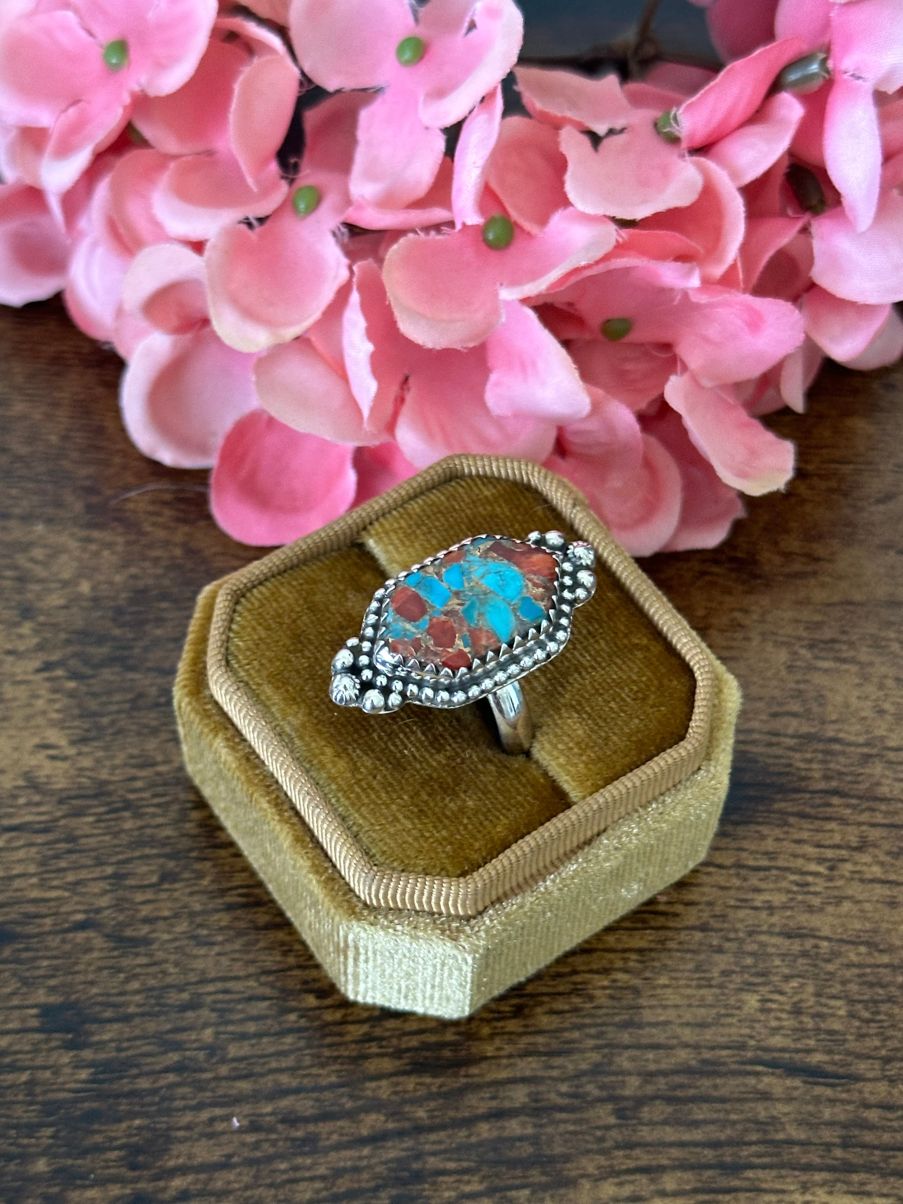 Southwest Handmade Red Mohave Turquoise & Sterling Silver Ring Size 8.25