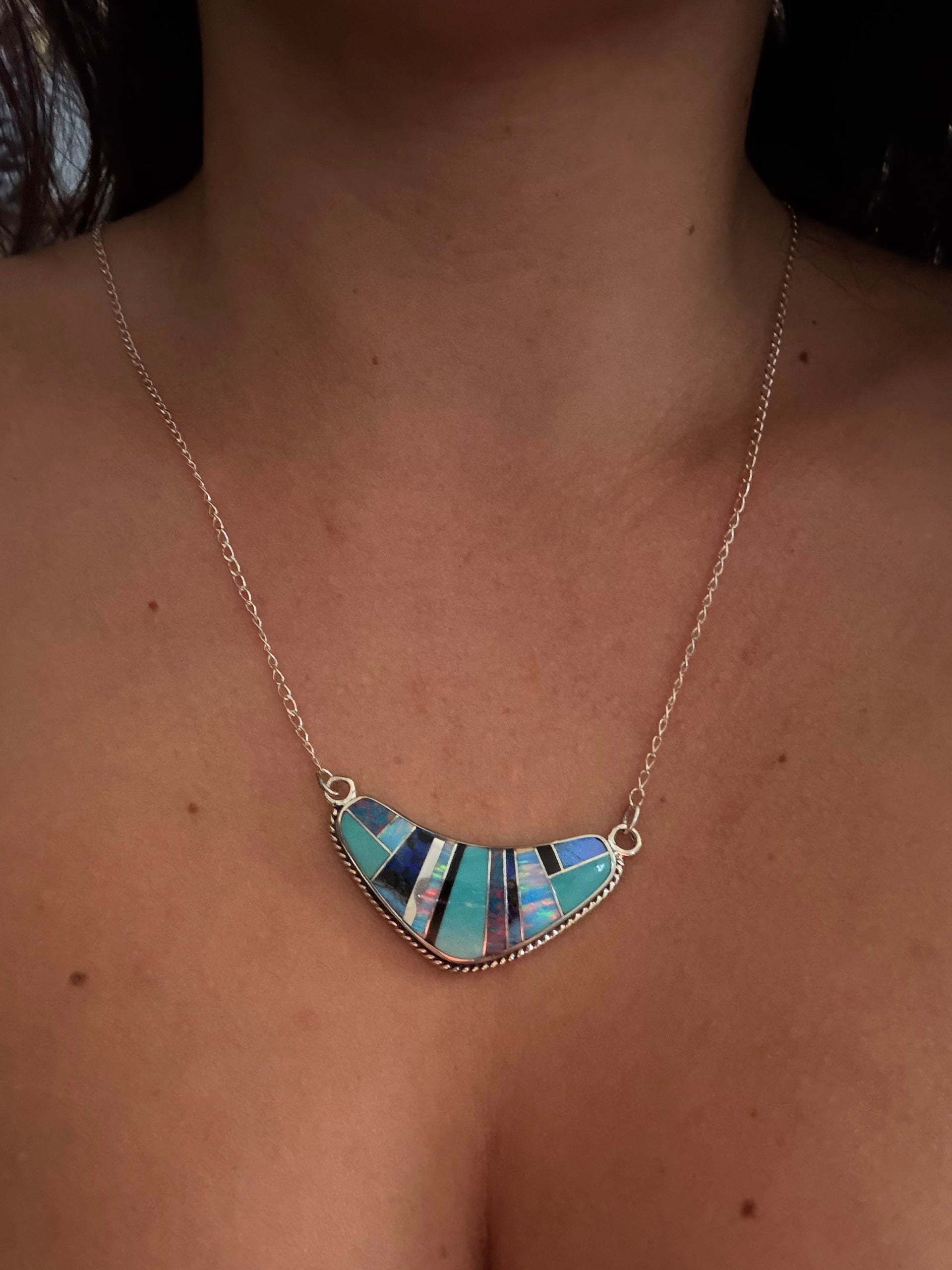 Navajo Made Multi Stone & Sterling Silver Inlay Necklace
