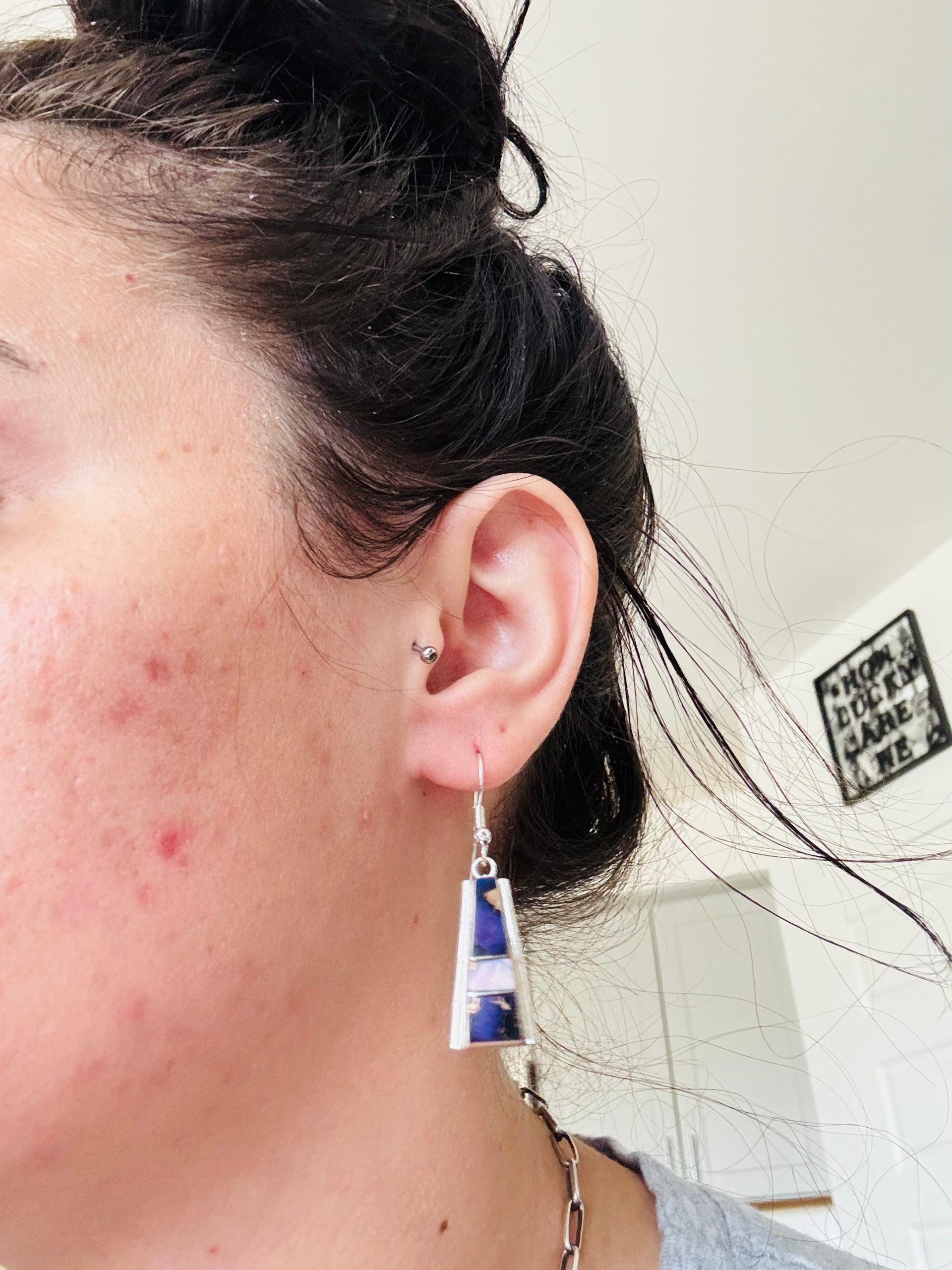 Steve Francisco Violet Rose Composite & Sterling Silver Dangle Inlay Earrings