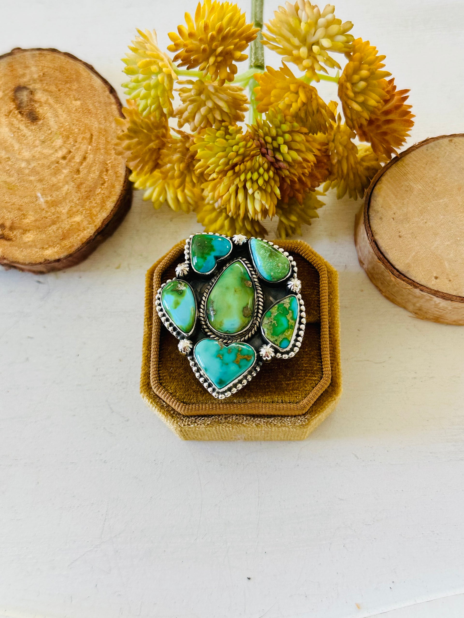 Southwest Handmade Sonoran Mountain Turquoise & Sterling Silver Adjustable Cluster Ring