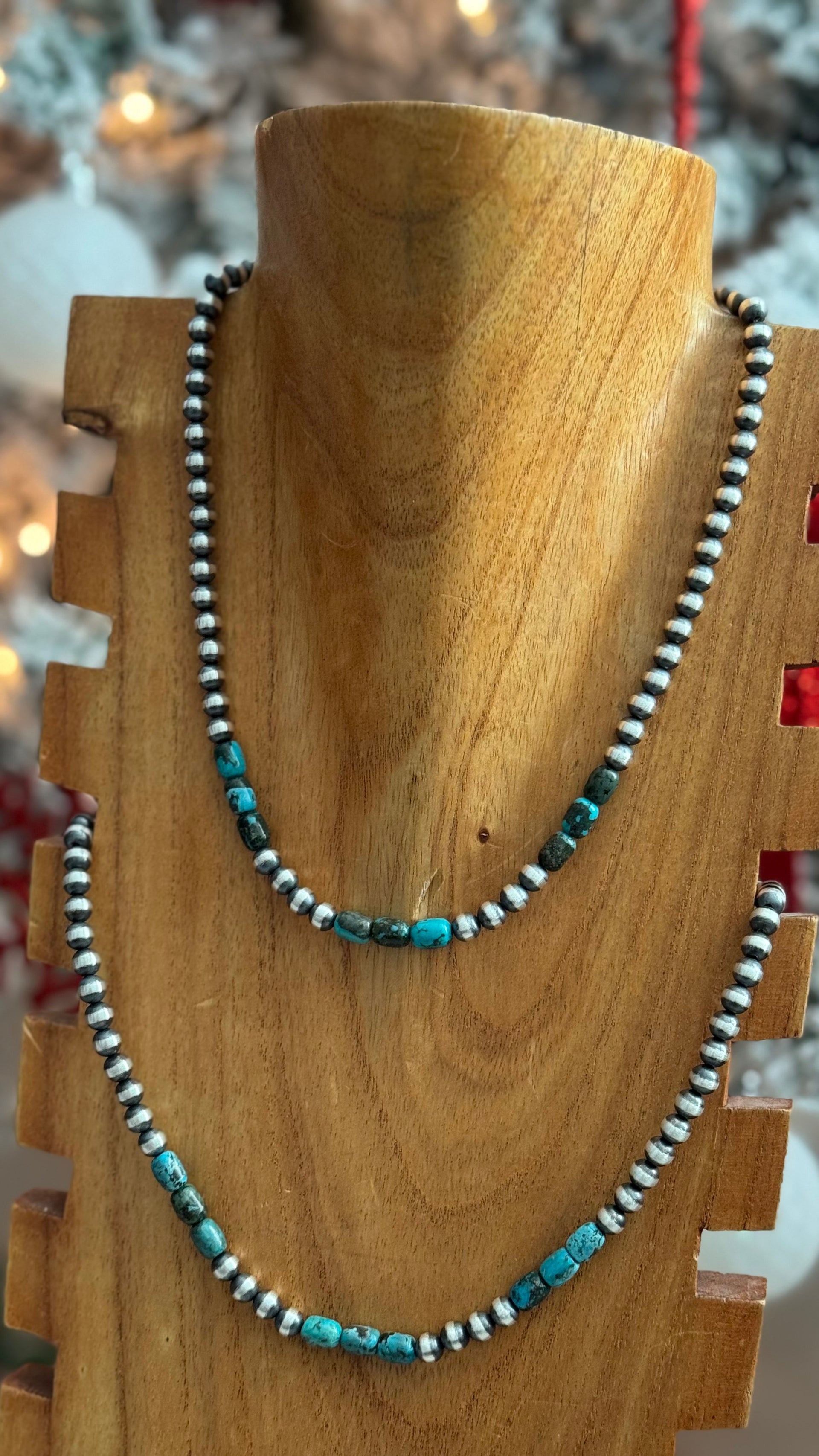 Navajo Strung Egyptian Turquoise & Sterling Silver Graduated Pearl Necklace