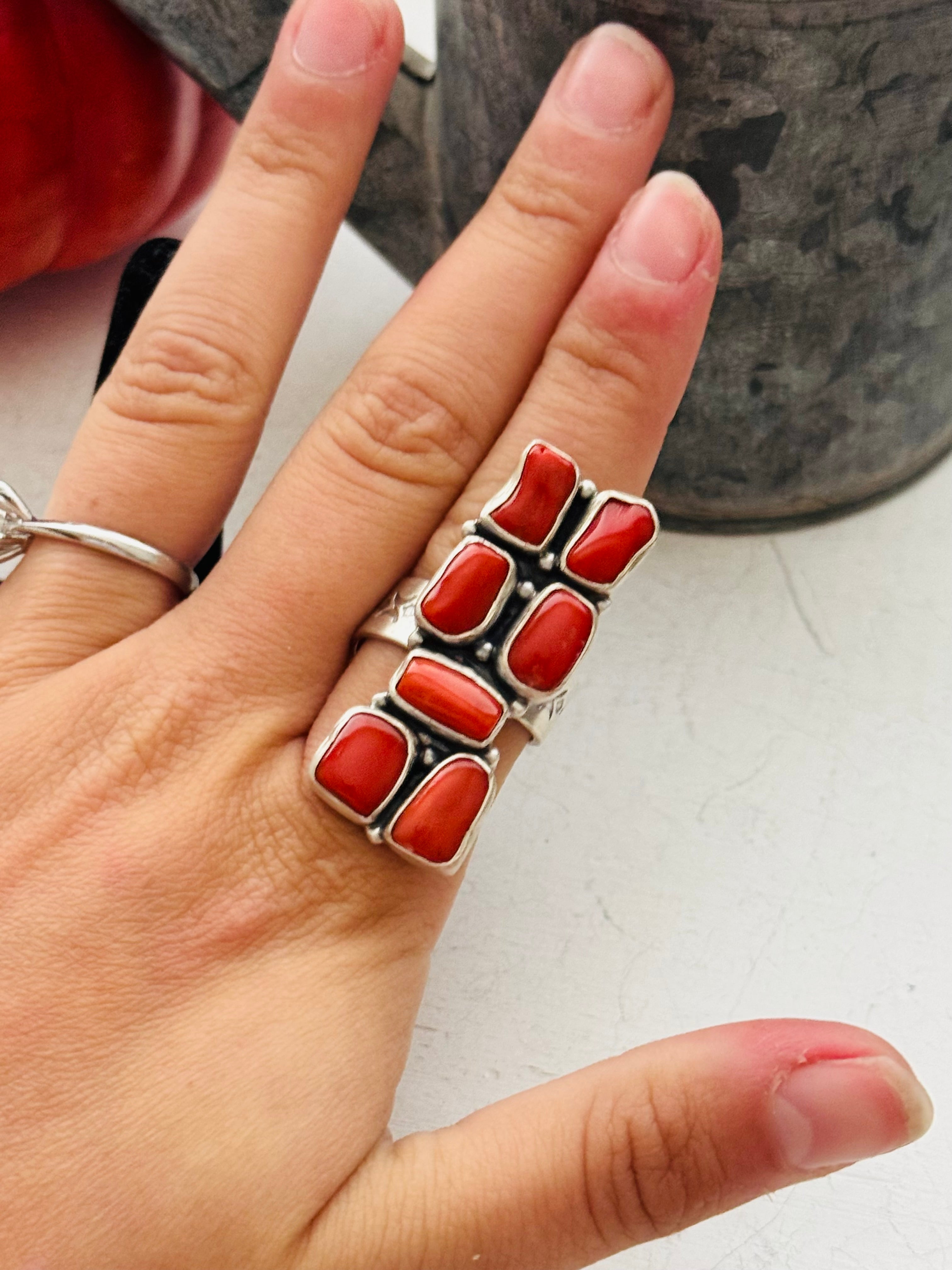 Navajo Made Red Coral & Sterling Silver Adjustable Ring