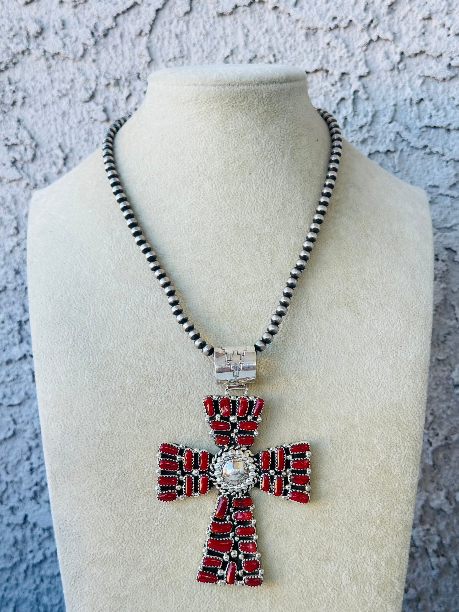 Navajo Made Mediterranean Coral & Sterling Silver Pendant