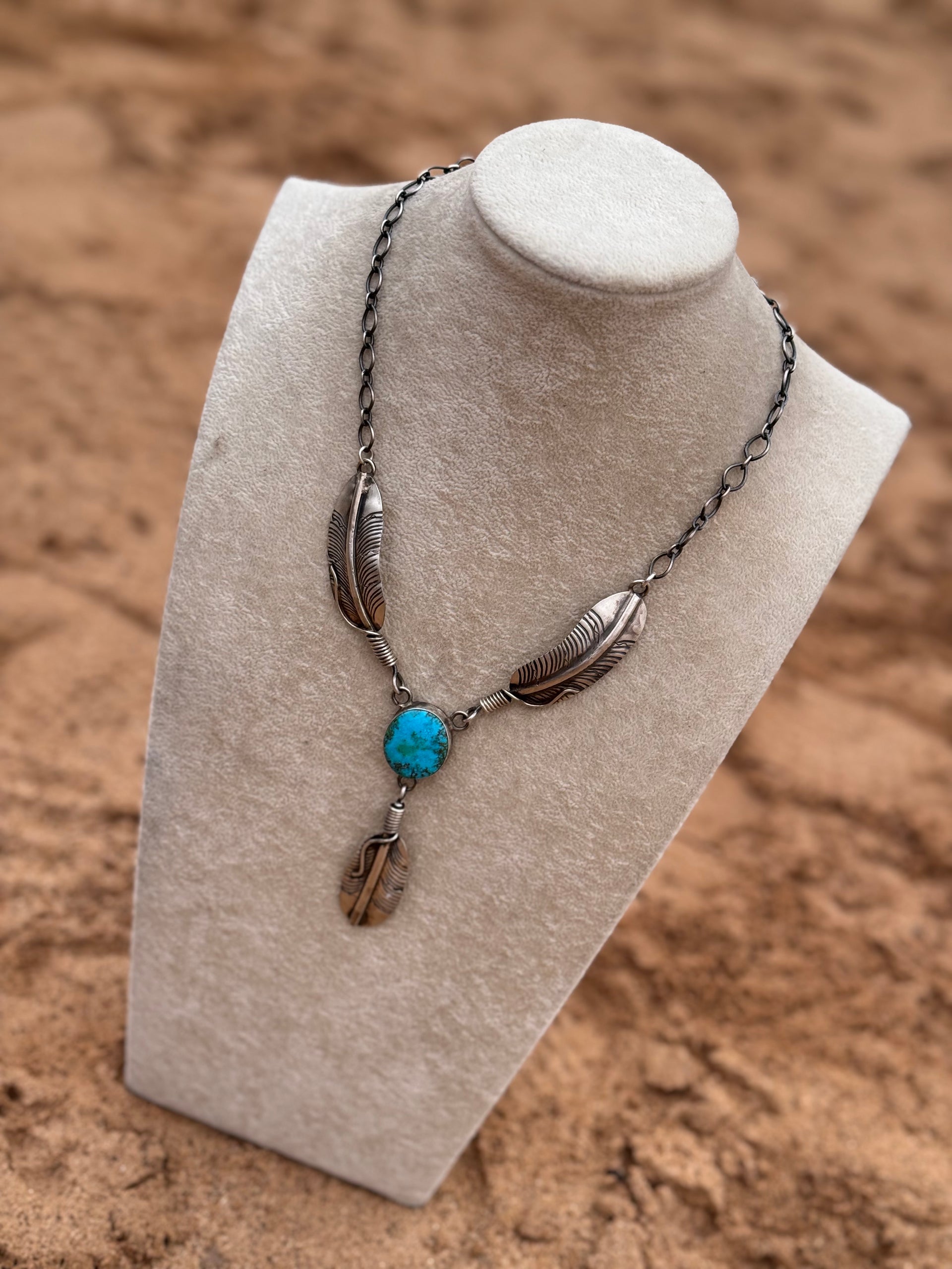 Kobe Martinez Royston Turquoise and Sterling Silver Feather Necklace