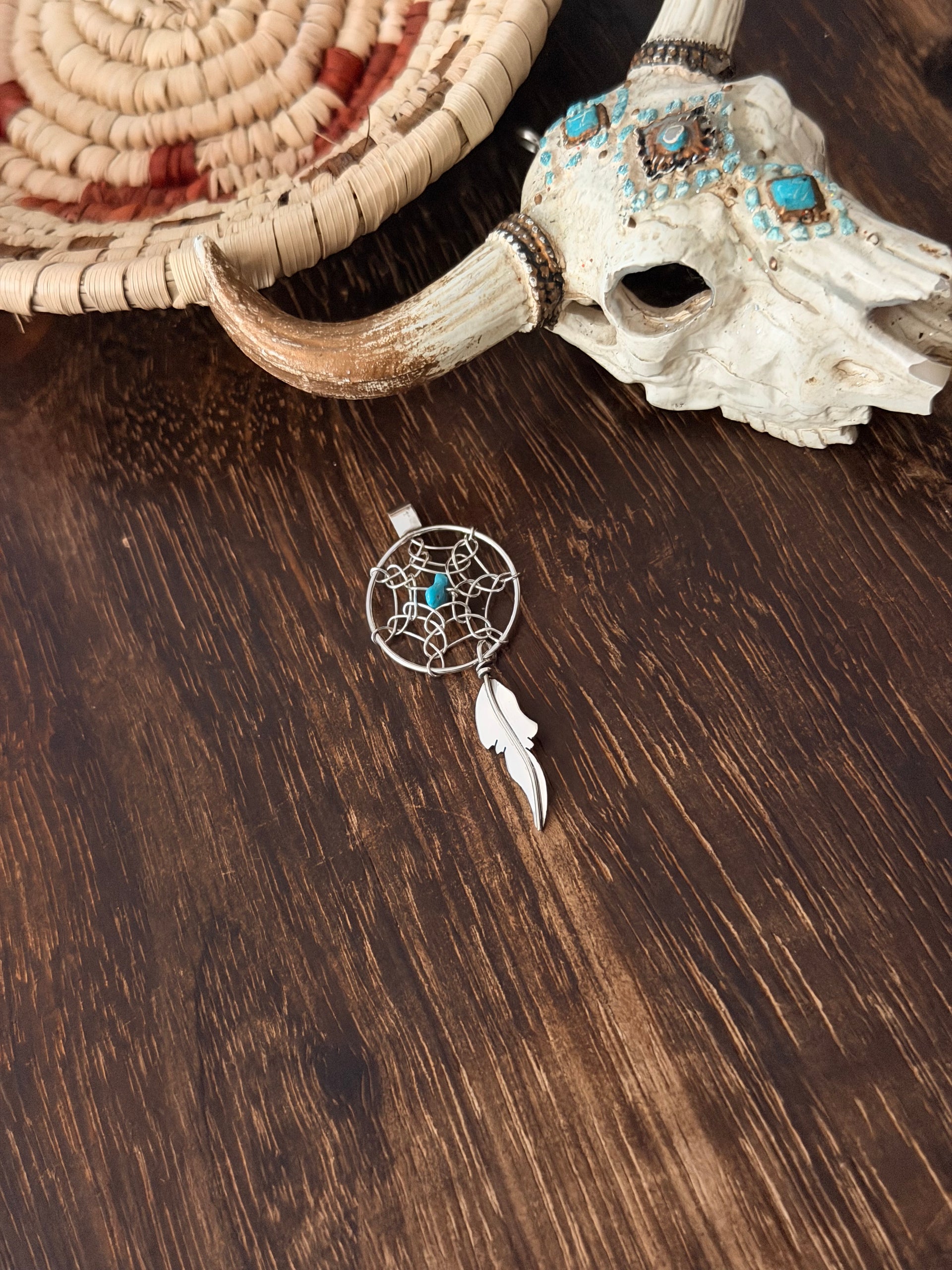 Navajo Made Sterling Silver Dream Catcher Feather Pendant