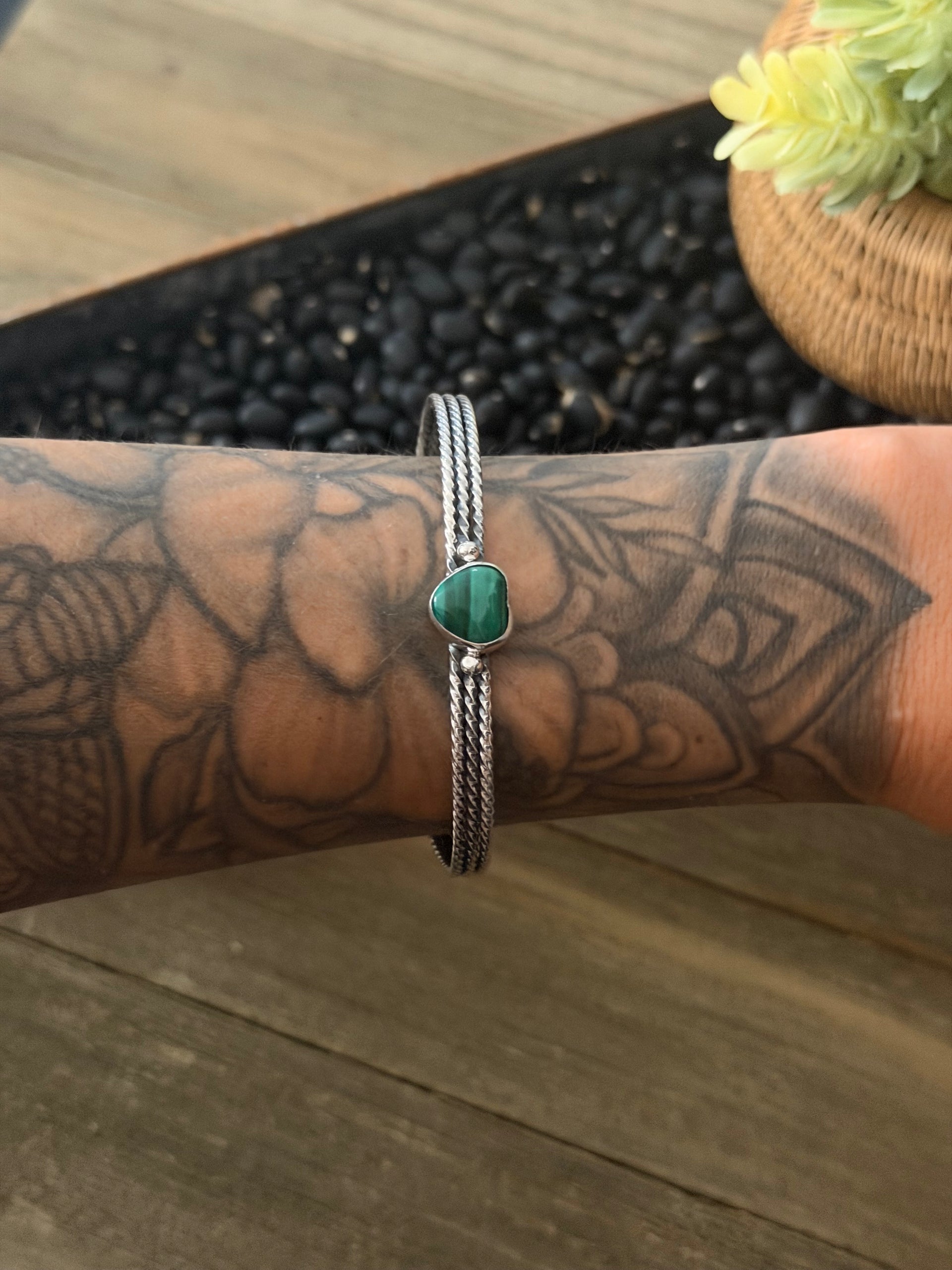 Duane Smith Malachite & Sterling Silver Heart Cuff Bracelet