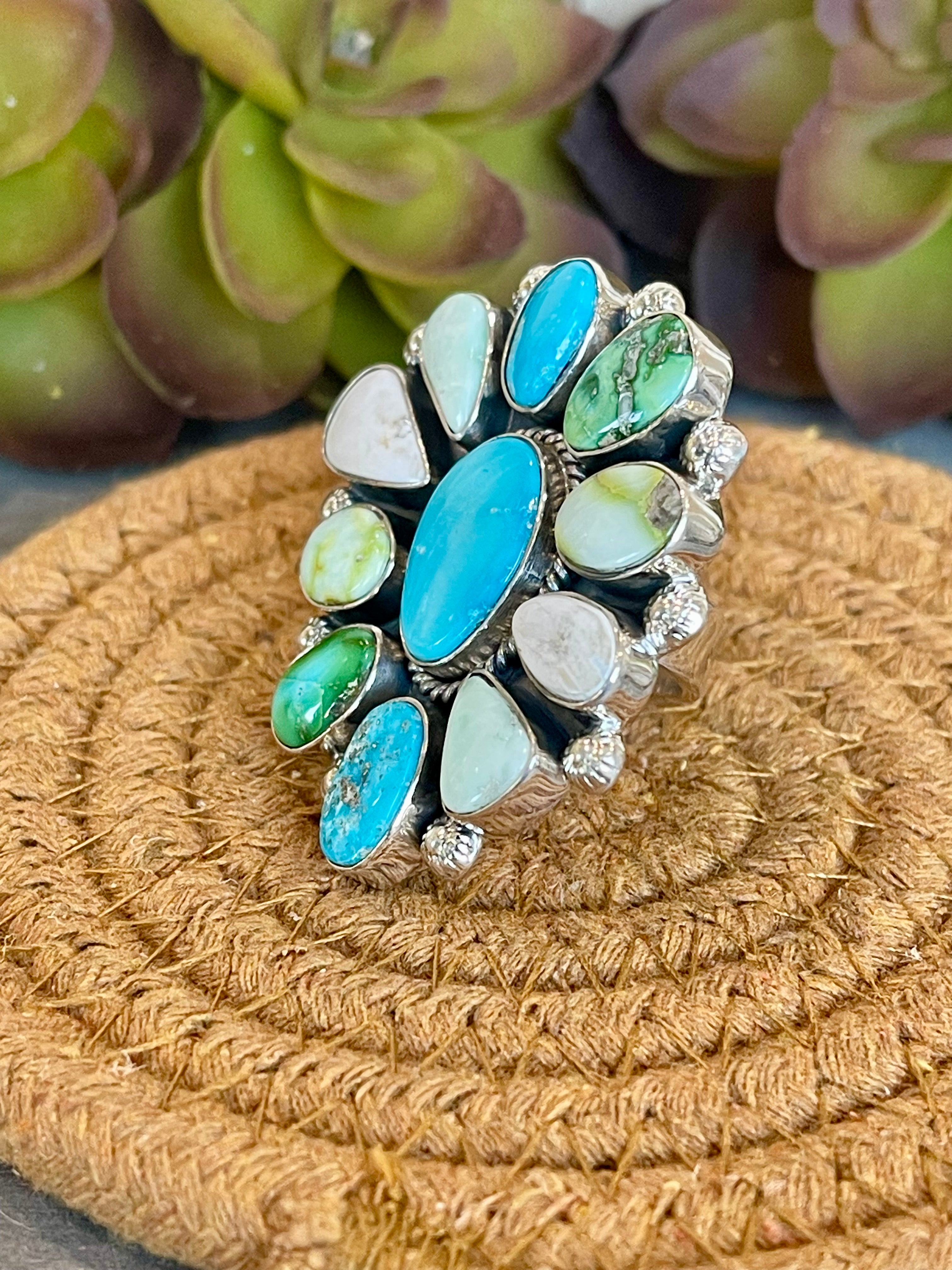 Southwest Handmade Multi Stone & Sterling Silver Adjustable Ring