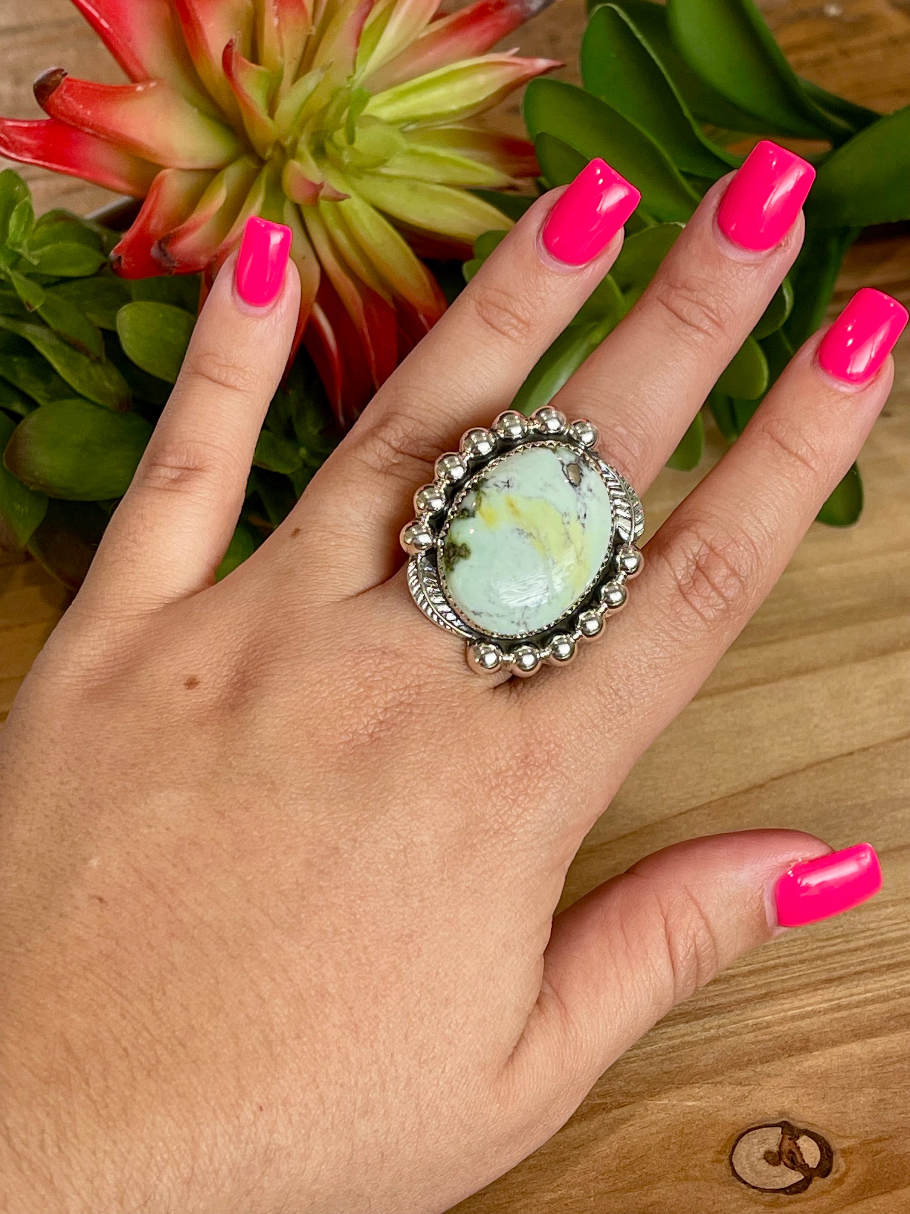 Southwest Handmade Palomino Variscite & Sterling Silver Adjustable Ring