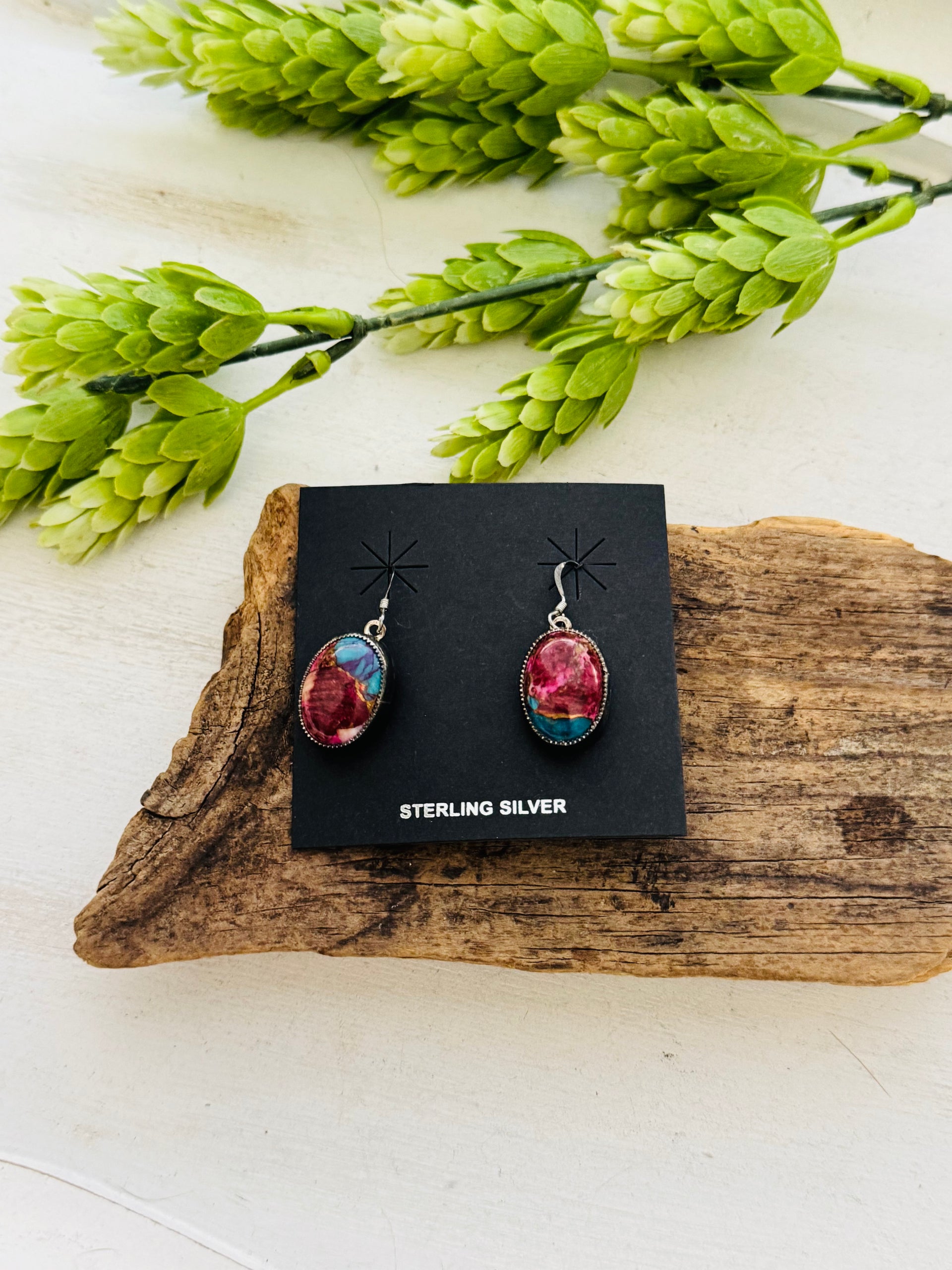 Navajo Made Pink Mohave Turquoise & Sterling Silver Dangle Earrings