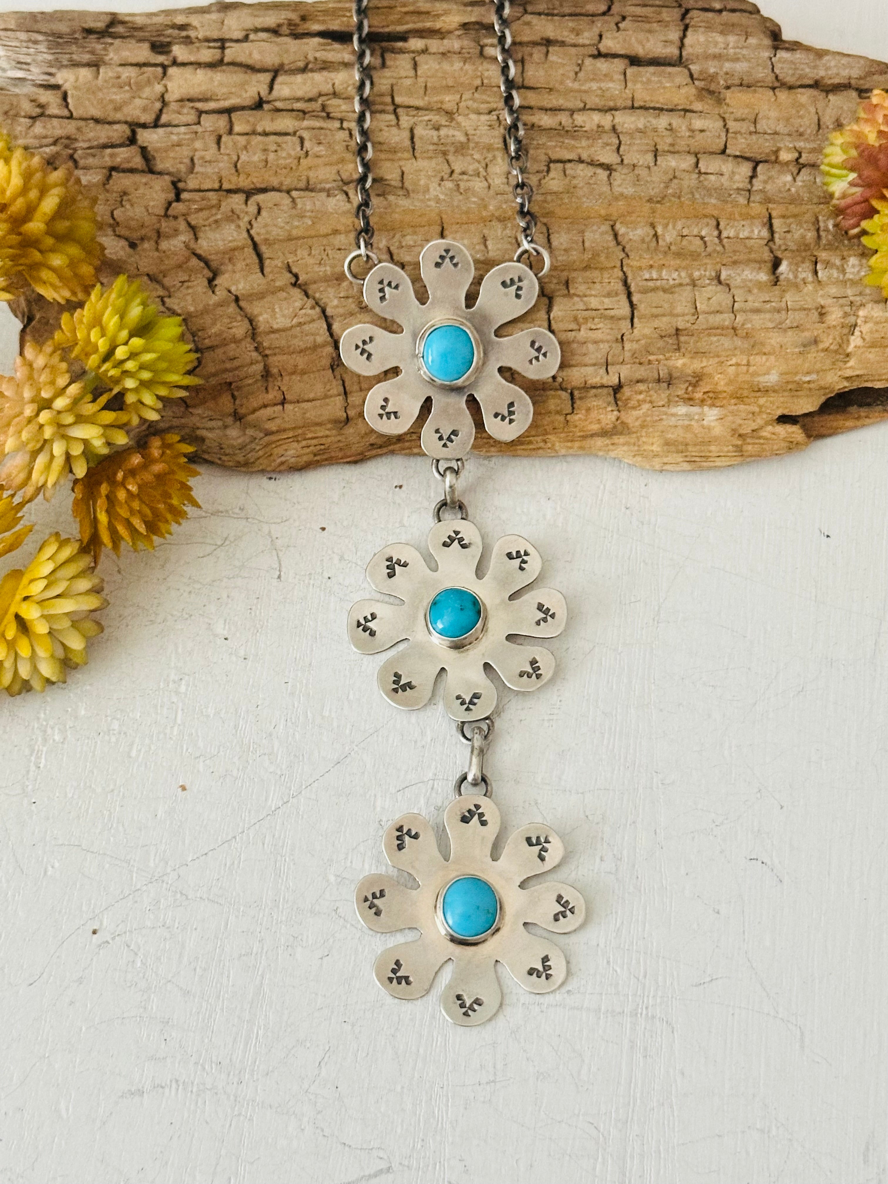 Navajo Made Kingman Turquoise & Sterling Silver Flower Necklace