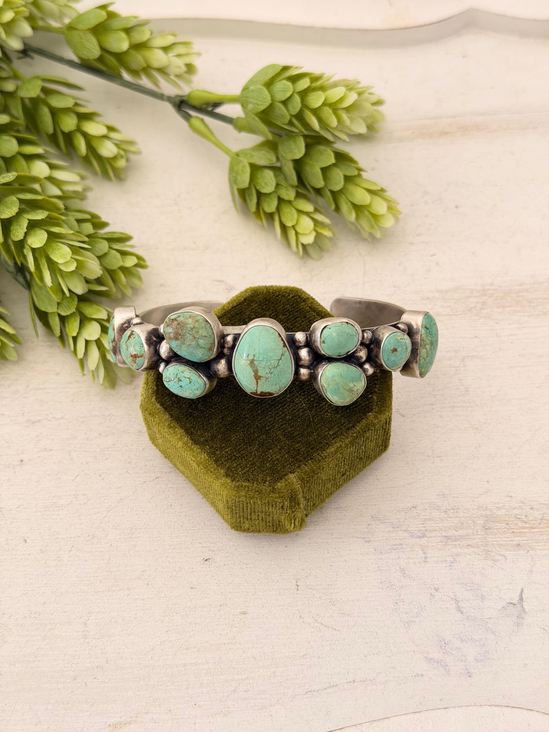 Bobby Johnson Mine 8 Turquoise & Sterling Silver Cluster Cuff Bracelet