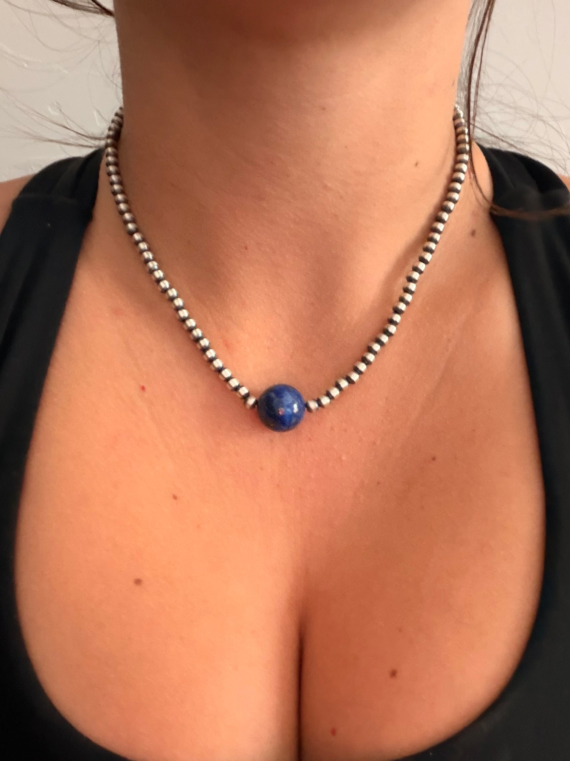 Navajo Strung Lapis & Sterling Silver 16” Pearls Beaded Necklace