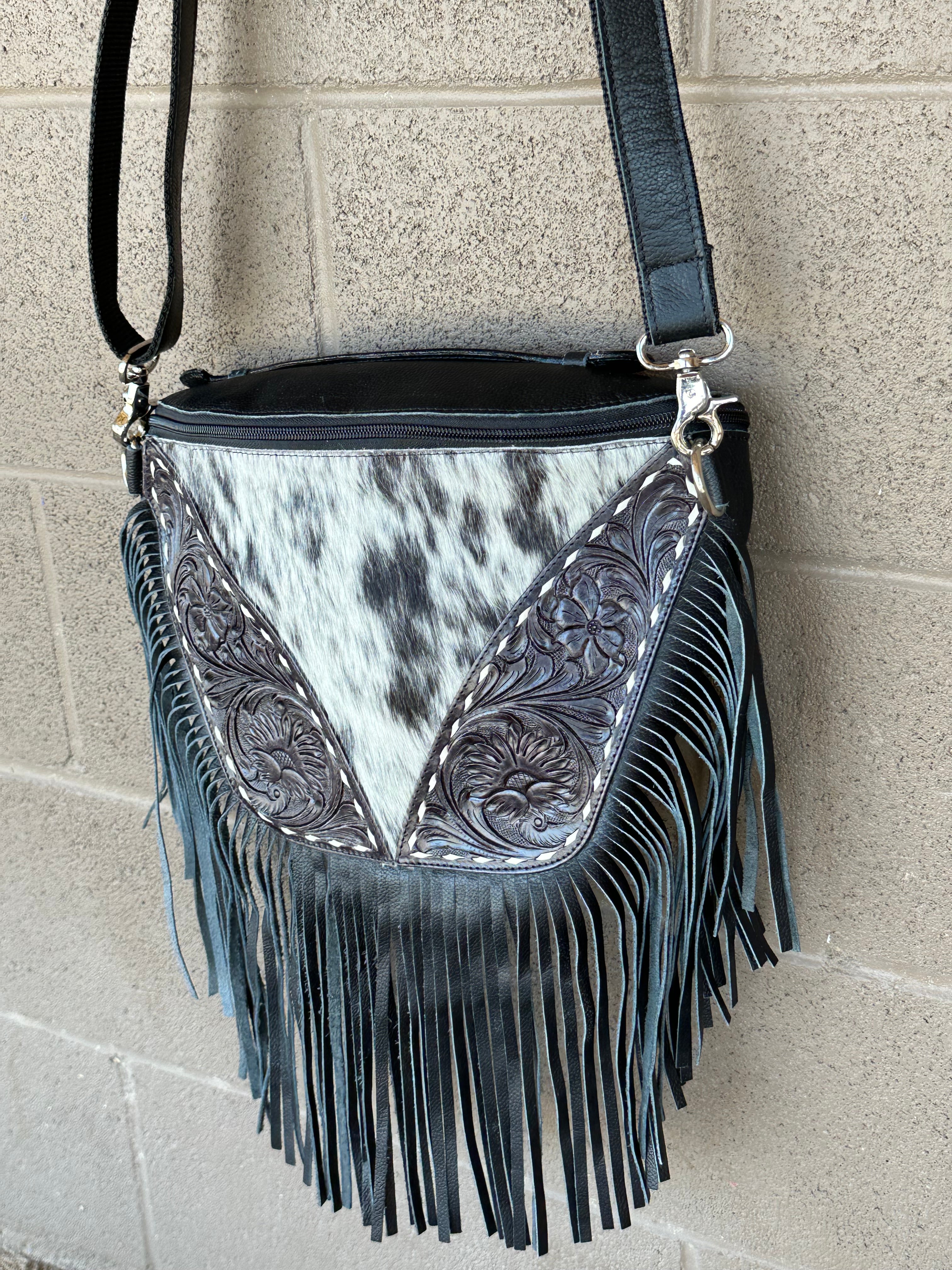 Genuine Tooled Leather & Cowhide Fringe Purse