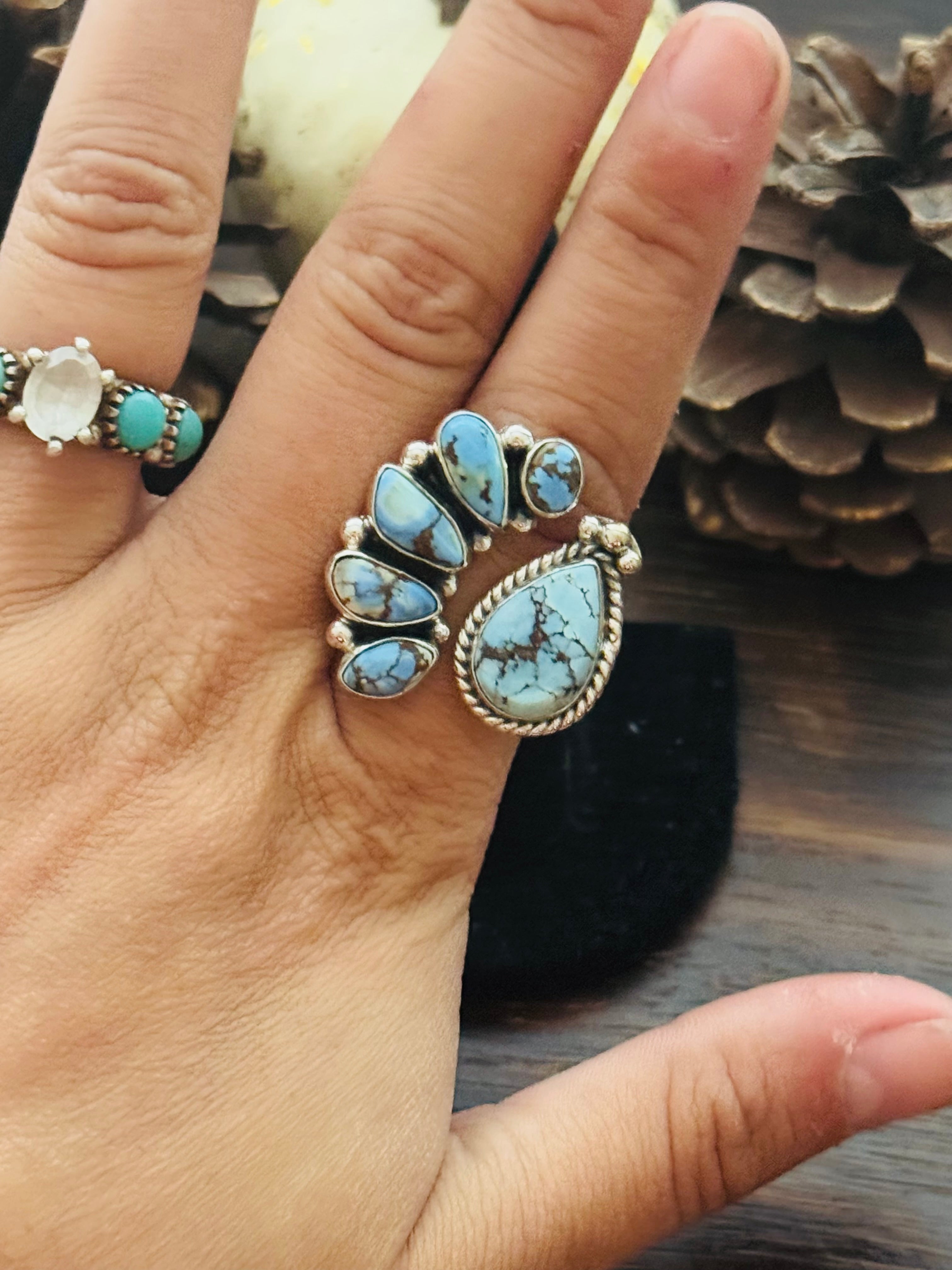 Southwest Handmade Golden Hills Turquoise & Sterling Silver Adjustable Cluster Ring