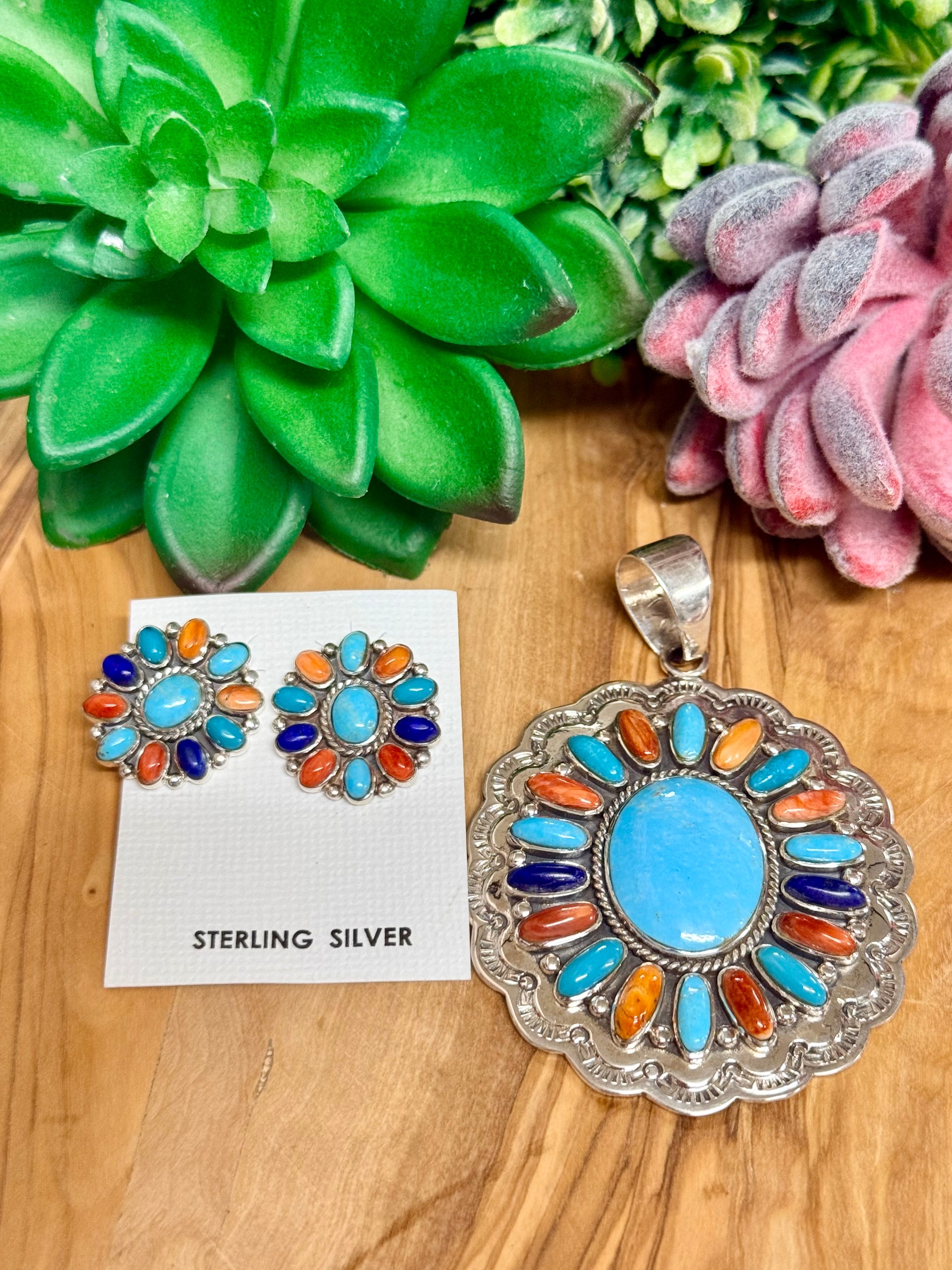 Southwest Handmade Multistone & Sterling Silver Pendant Set
