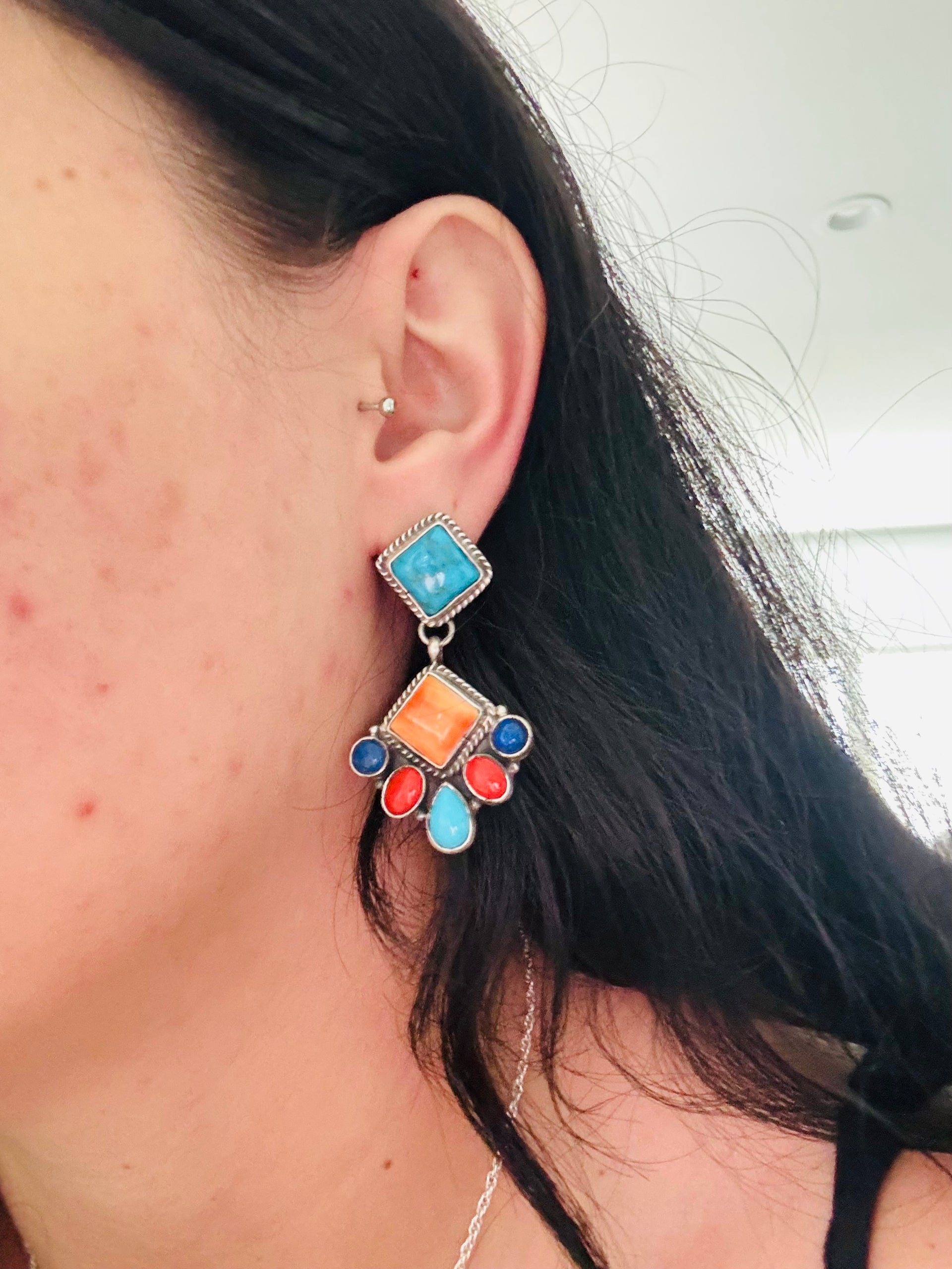 Marcella James Multi Stone & Sterling Silver Post Dangle Cluster Earrings