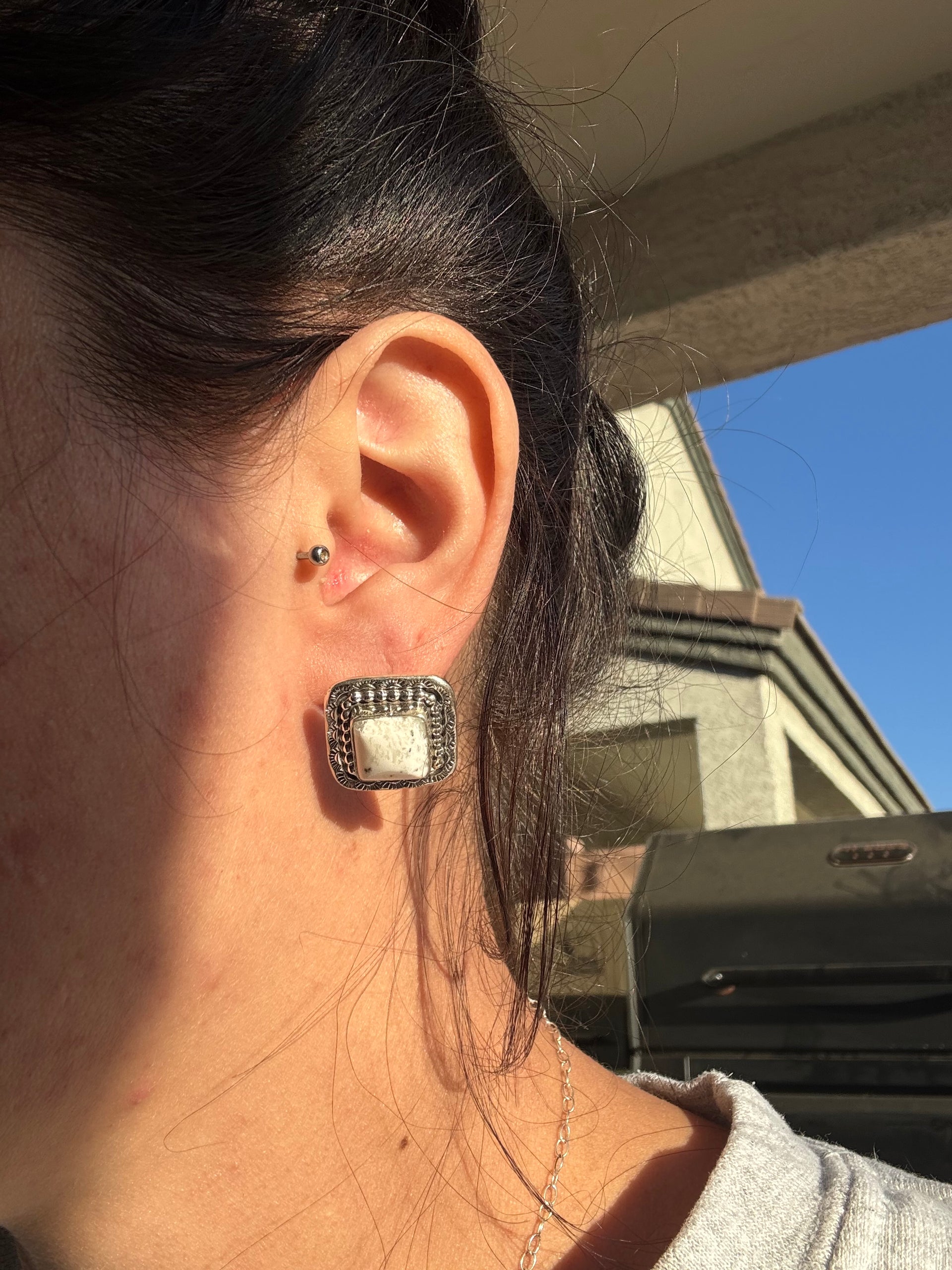 Navajo Made White Buffalo & Sterling Silver Post Earrings