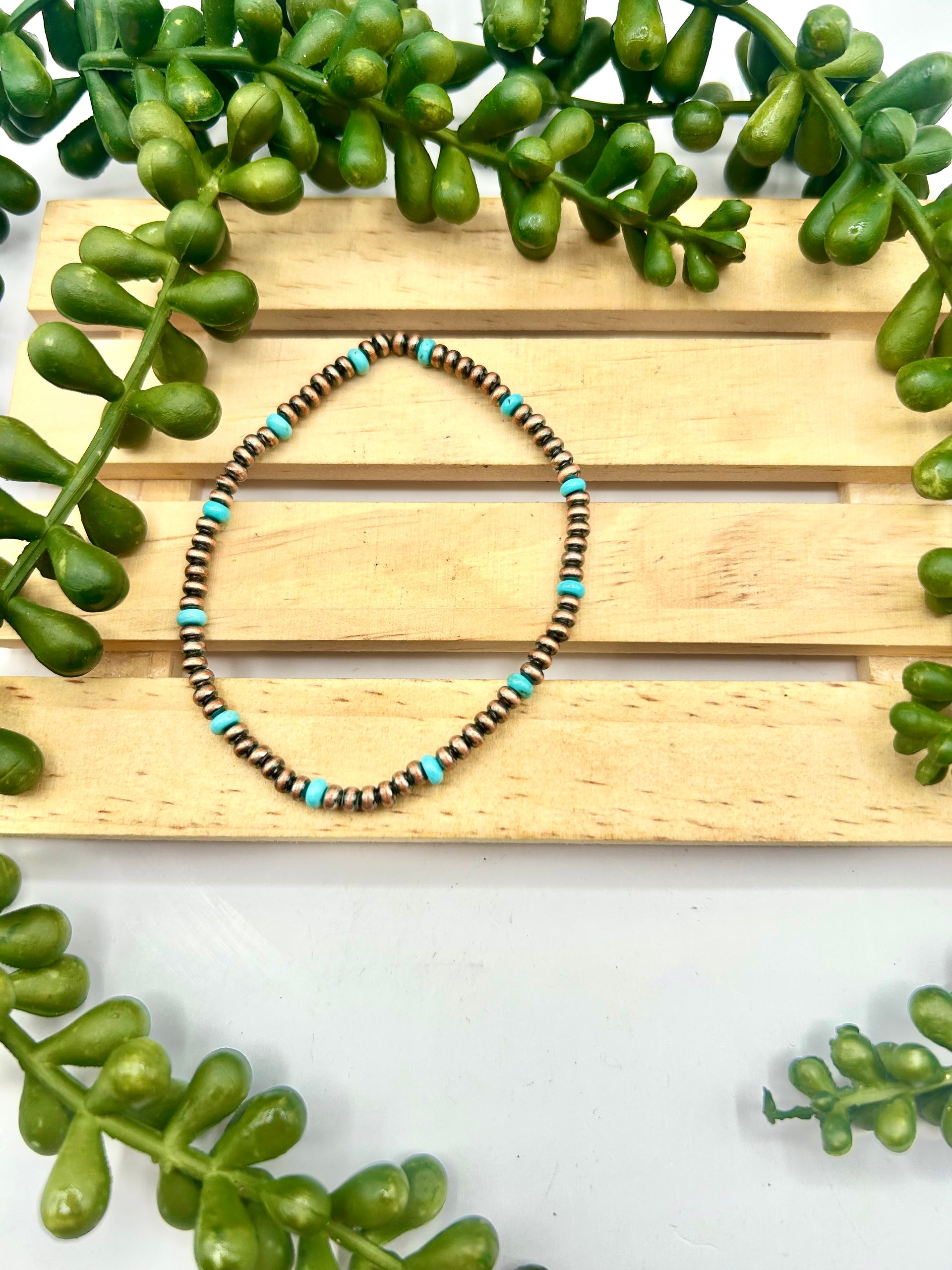 Navajo Strung Kingman Turquoise & Copper Stretchy Bracelet
