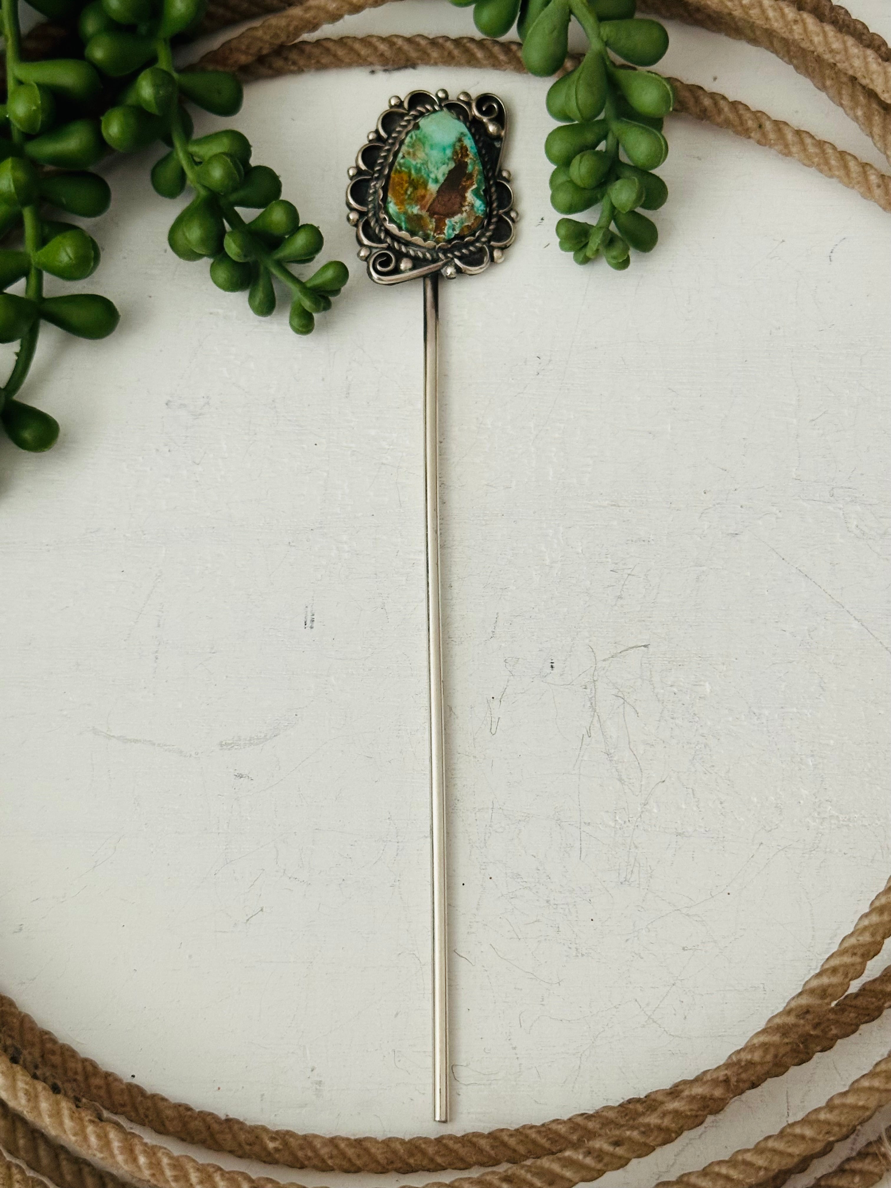 Navajo Handmade Royston Turquoise & Sterling Silver Hair Pin