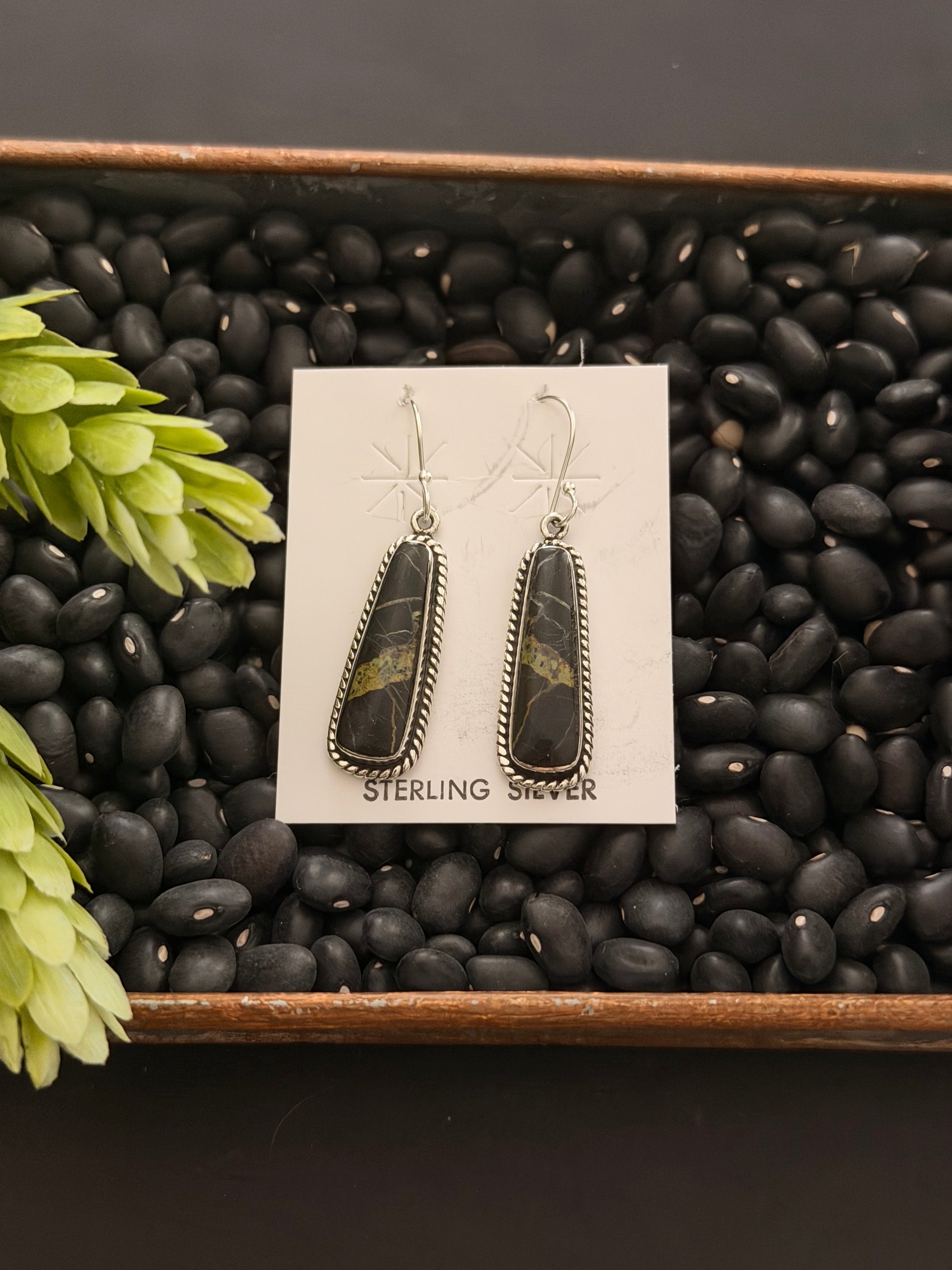 Navajo Made Black Jack Turquoise & Sterling Silver Dangle Earrings