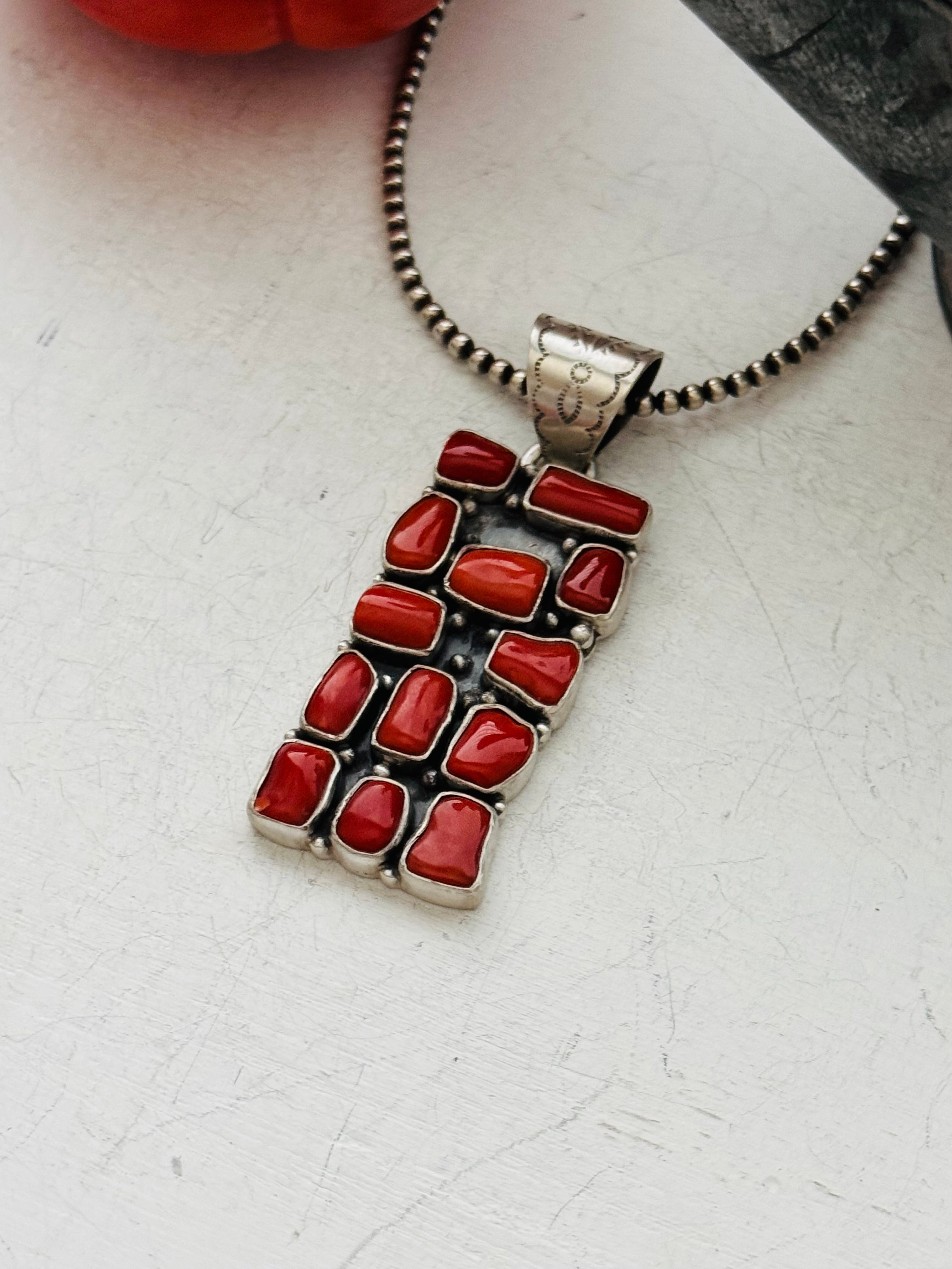 Navajo Made Mediterranean Coral & Sterling Silver Pendant