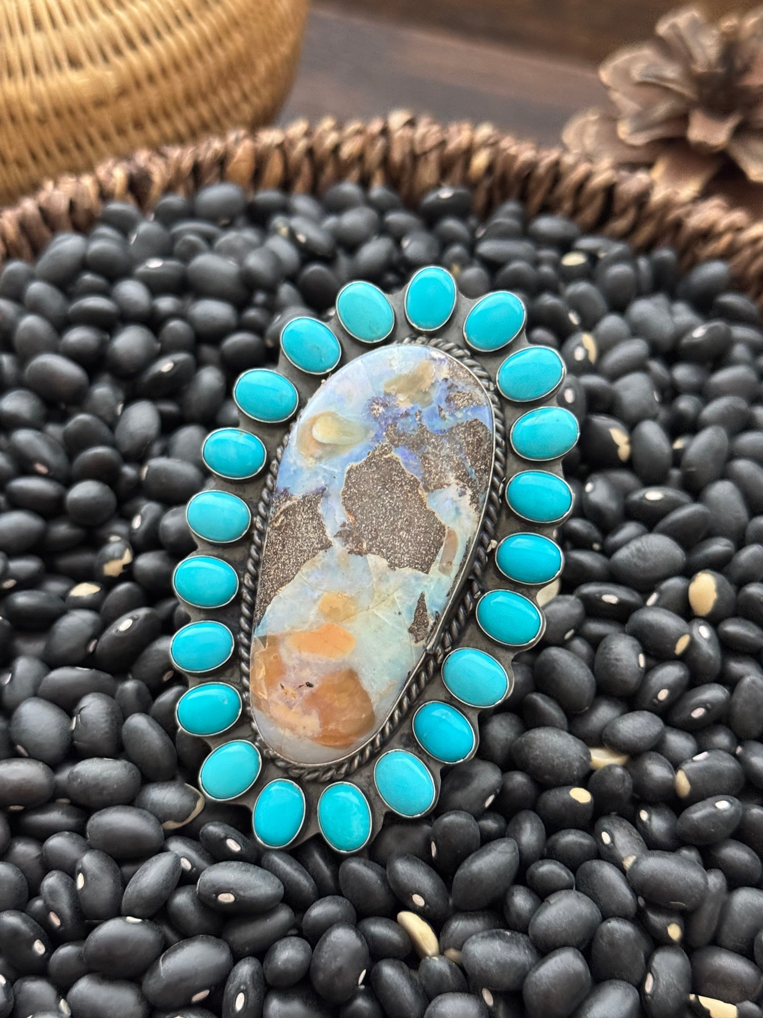 Navajo Made Multi Stone & Sterling Silver Adjustable Ring