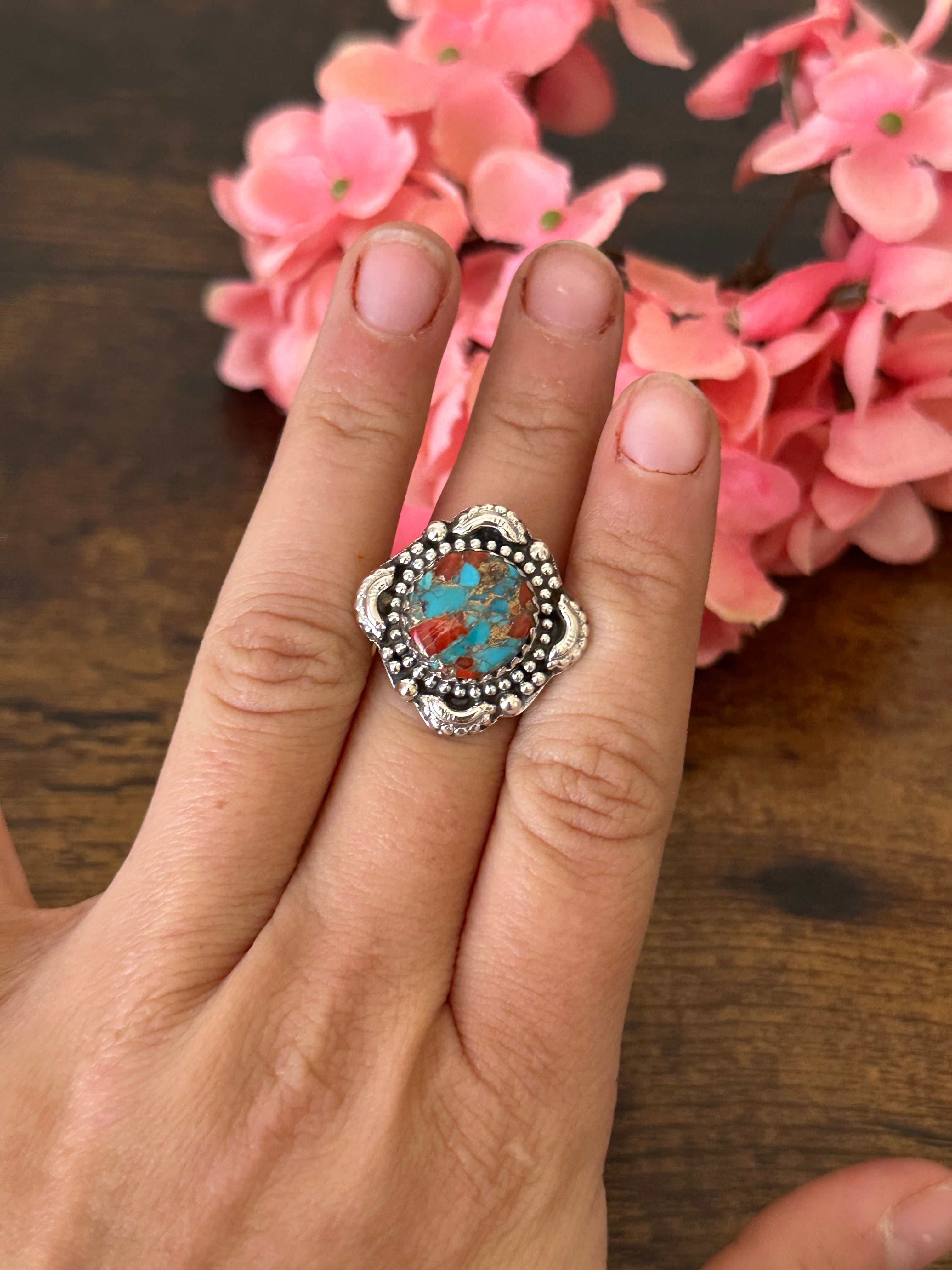 Southwest Handmade Red Mohave Turquoise & Sterling Silver Ring Size 6.5